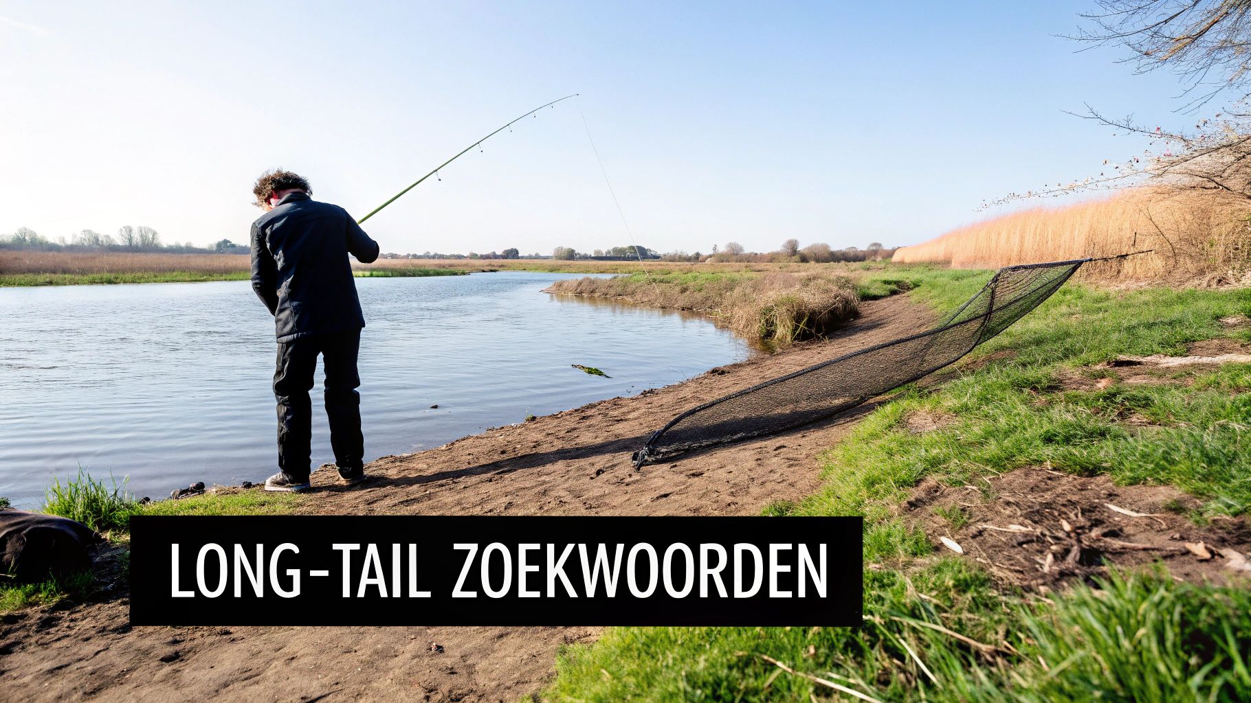 Een man met krullend haar staat aan de oever van een rivier met een lange hengel te vissen.