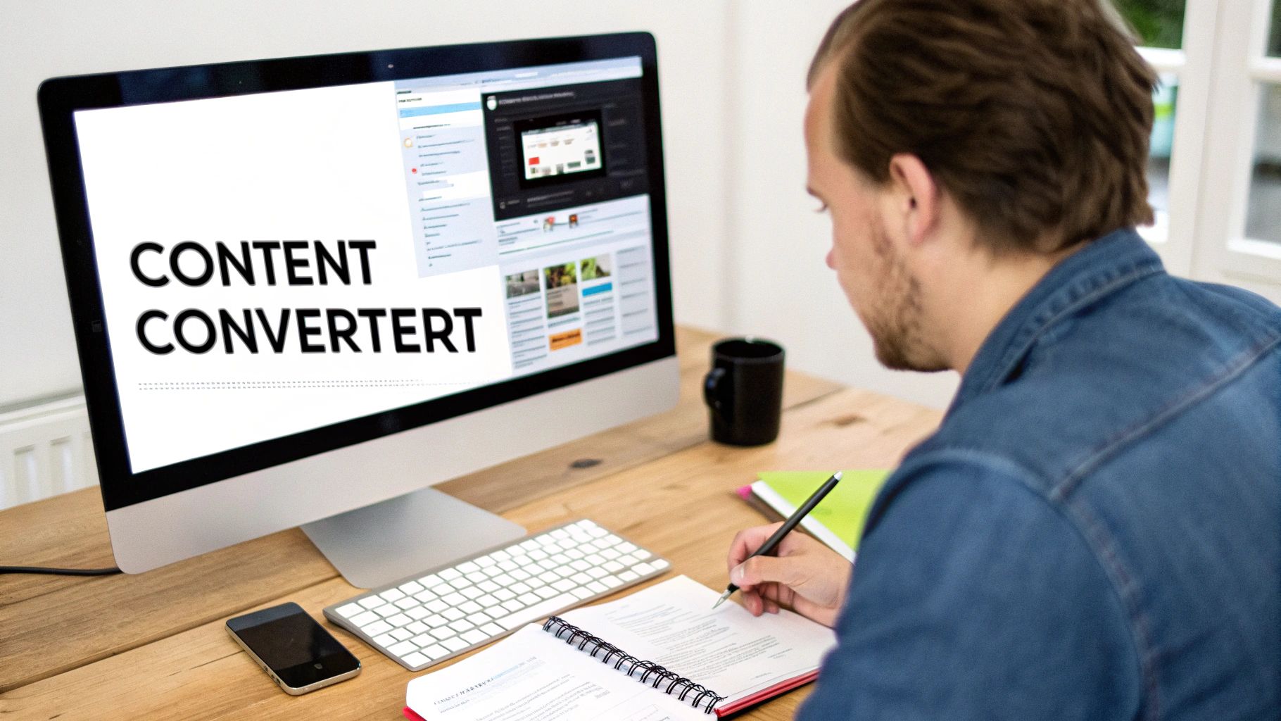 Man werkt geconcentreerd aan een computer met de tekst 'CONTENT CONVERTERT' en maakt aantekeningen in een boekje.