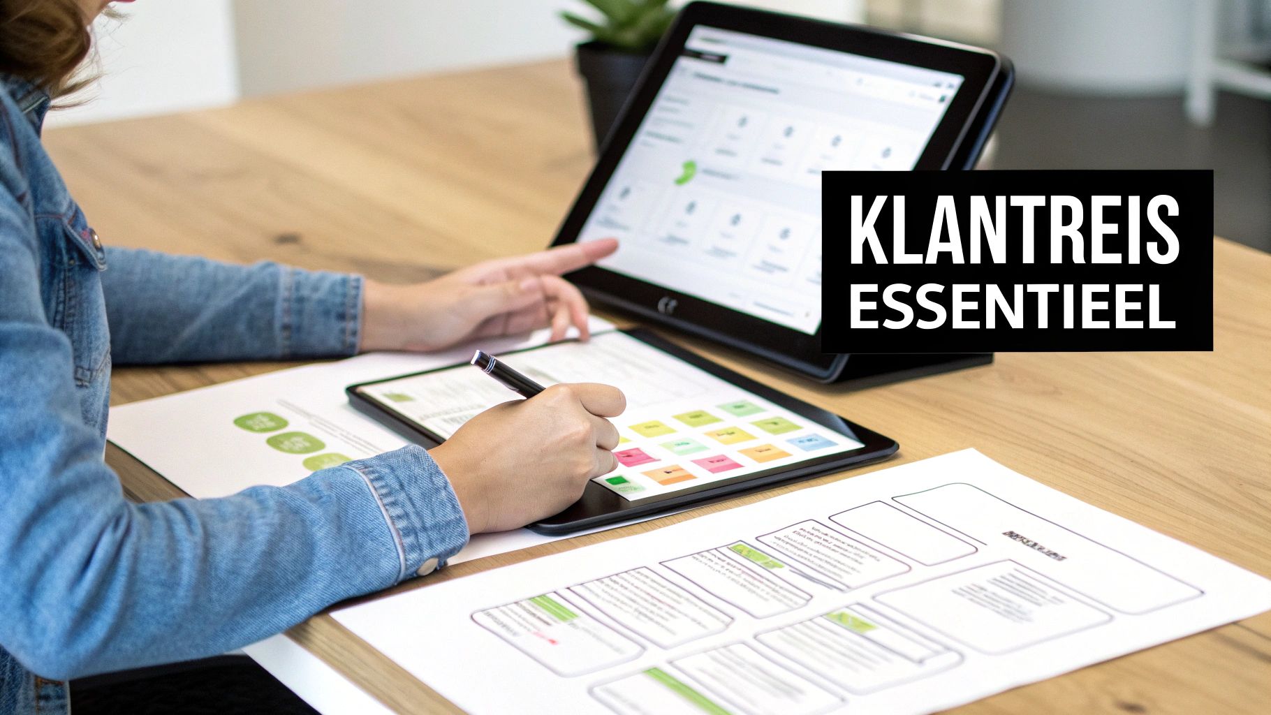 Persoon werkt aan klantreisanalyse met twee tablets en papieren documenten op een houten tafel.