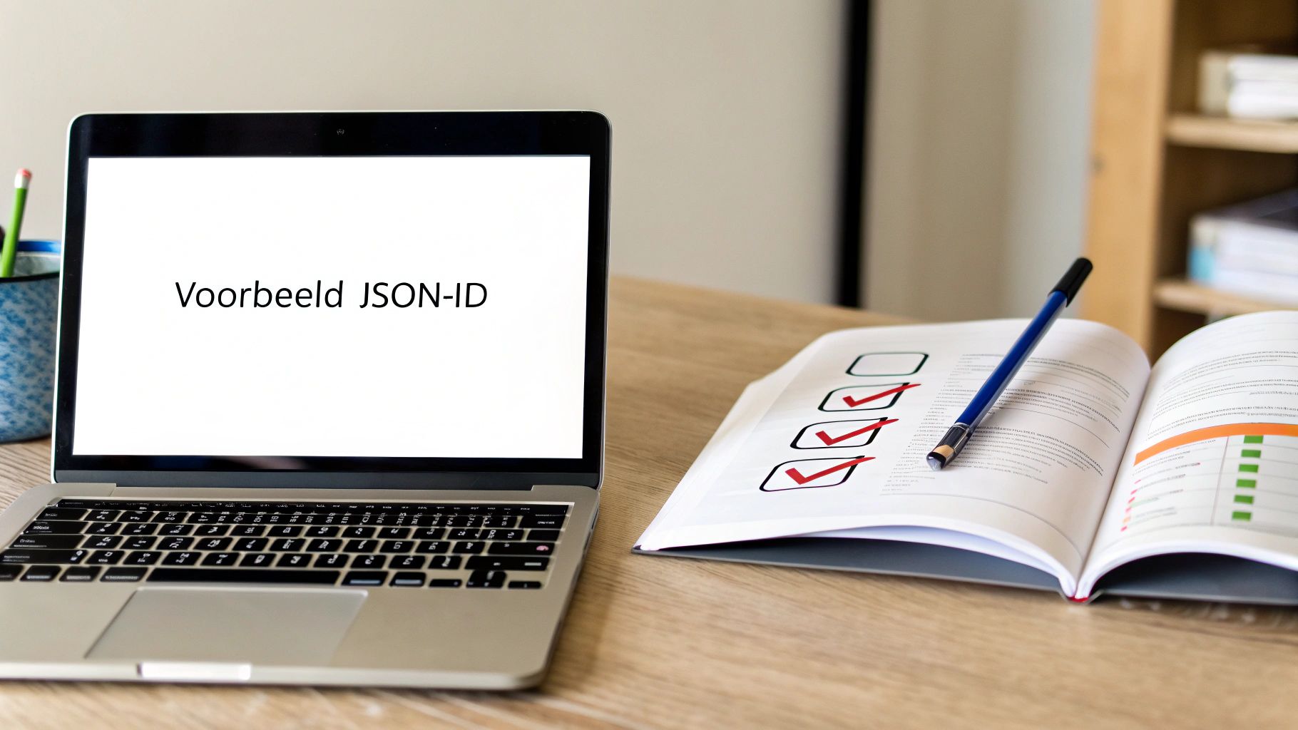Een laptop met 'Voorbeeld JSON-ID' op het scherm, een open boek met checklist en pen op een houten bureau.