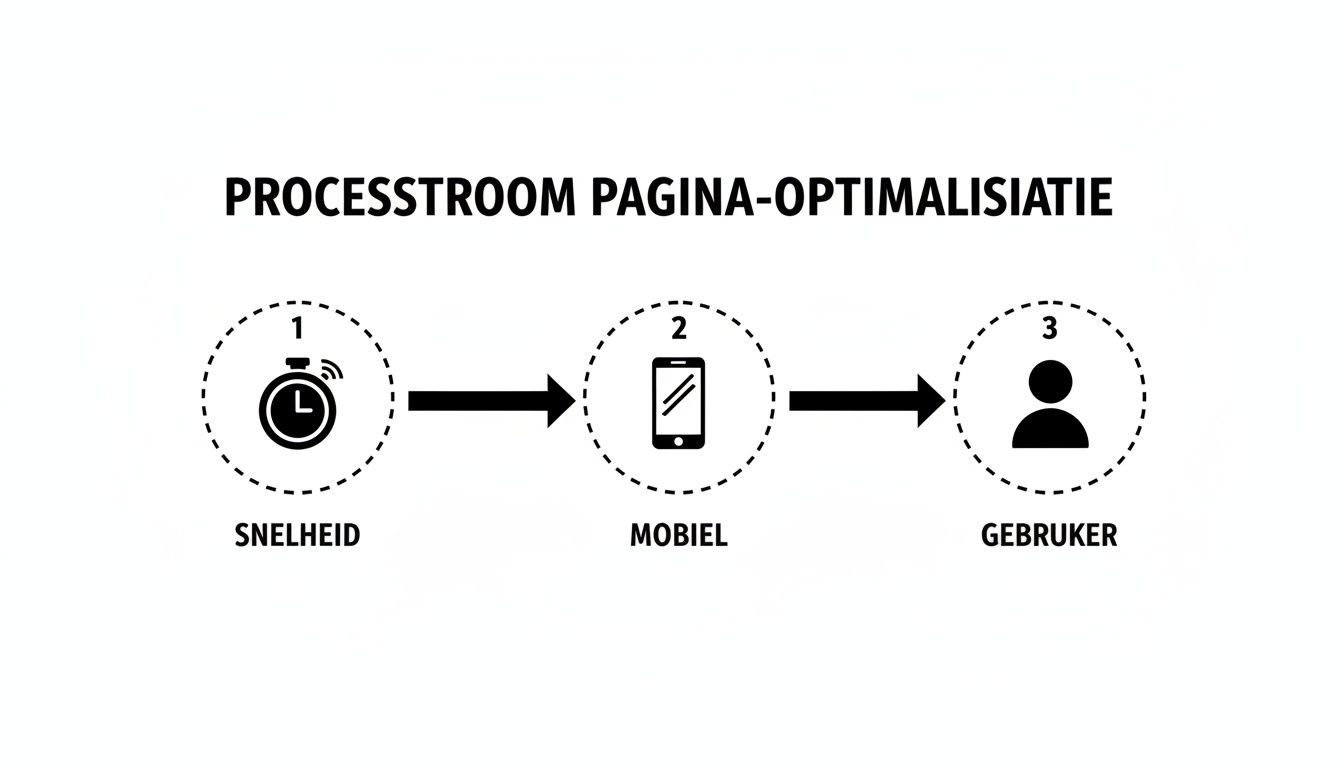 Processchema voor pagina-optimalisatie, met stappen voor snelheid, mobielvriendelijkheid en de gebruiker.