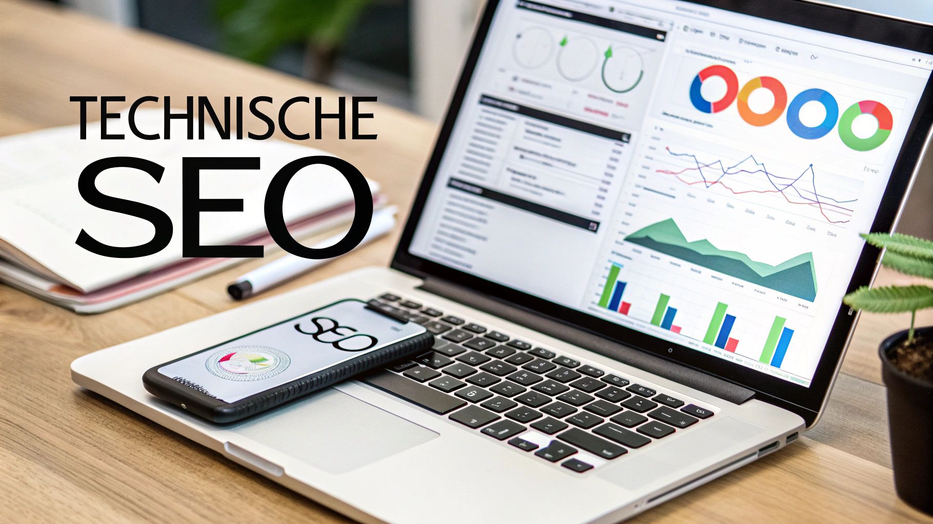 Bureau met laptop, smartphone en de tekst 'TECHNISCHE SEO', toont online marketing statistieken en grafieken.