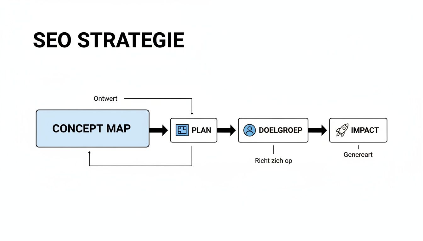 Diagram dat de SEO strategie uitlegt, beginnend met concept map, gevolgd door plan, doelgroep en impact.