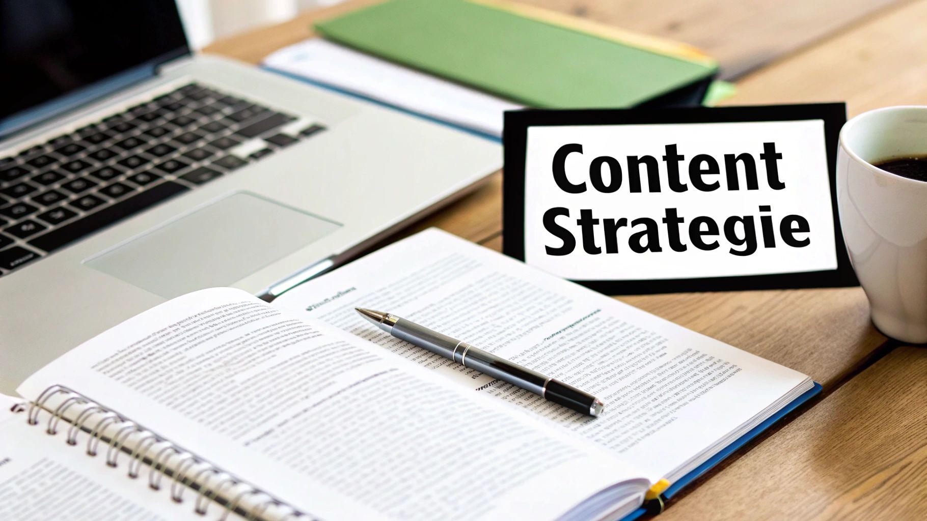 Een bureau met een laptop, een open boek met een pen, een koffiekop en een bord met 'Content Strategie'.
