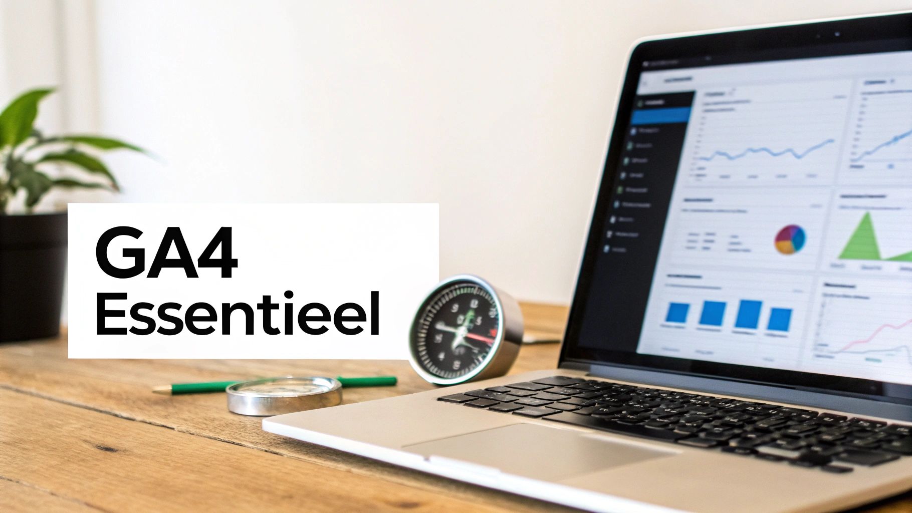 Een bureau met een laptop die Google Analytics 4 dashboards toont, en de tekst 'GA4 Essentieel'.