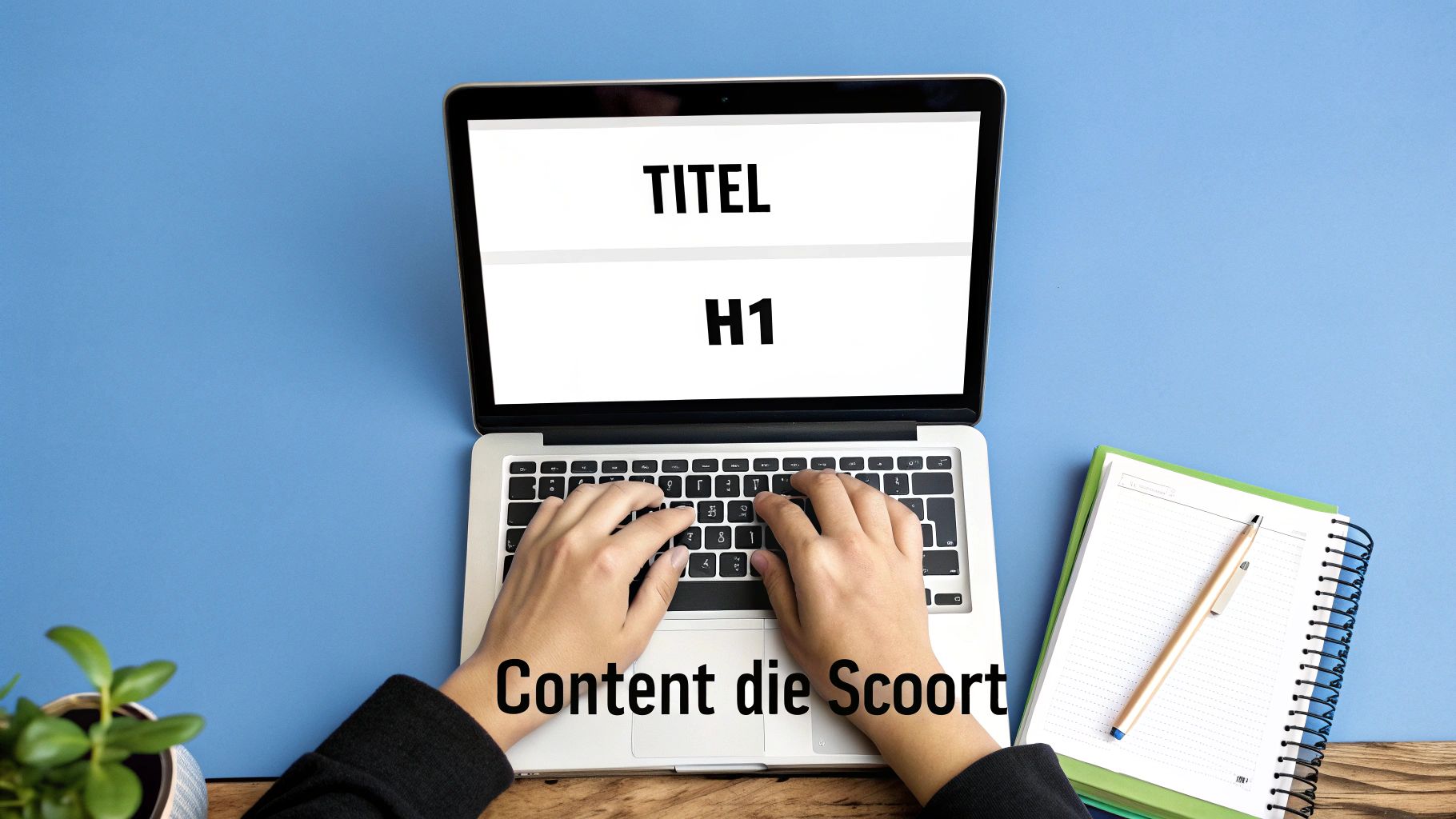 Persoon typt op een laptop met SEO-termen 'TITEL' en 'H1' op het scherm, met een notitieboekje en plant op een blauw bureau.