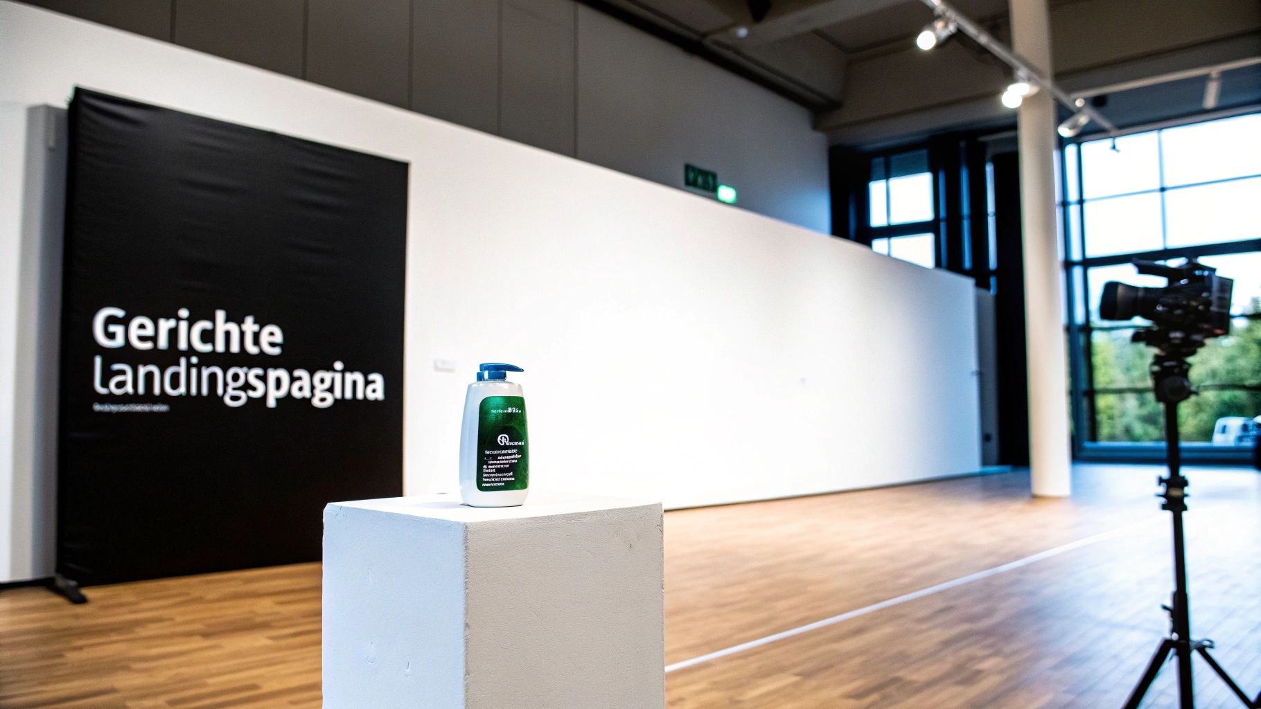Handdesinfectie dispenser op wit blok in moderne tentoonstellingsruimte met landingspagina presentatie op scherm