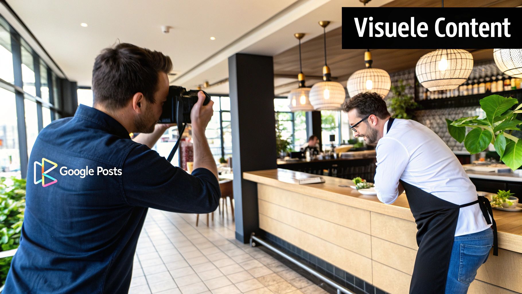 Een fotograaf maakt een foto van een chef-kok met een gerecht in een modern restaurant, met het Google Posts logo op zijn shirt.