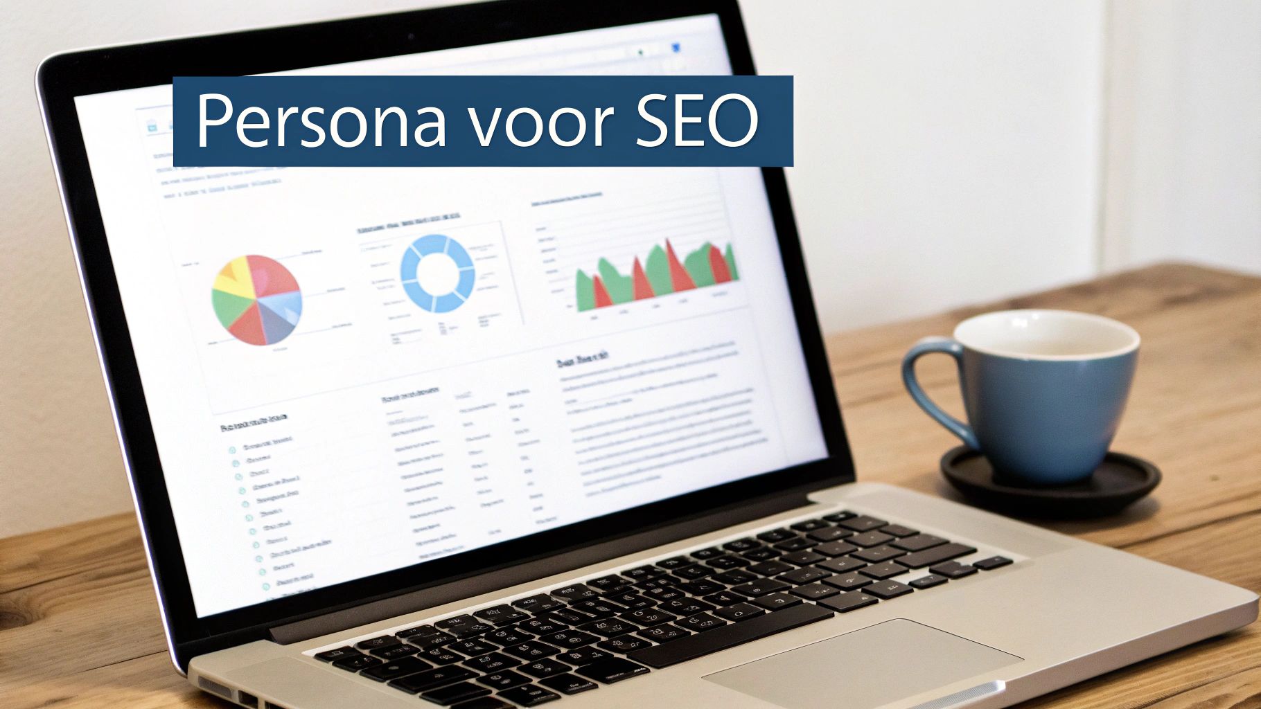 Laptop met data-analyse en grafieken op een houten bureau, met een blauwe koffiekop ernaast en tekst 'Persona voor SEO'.
