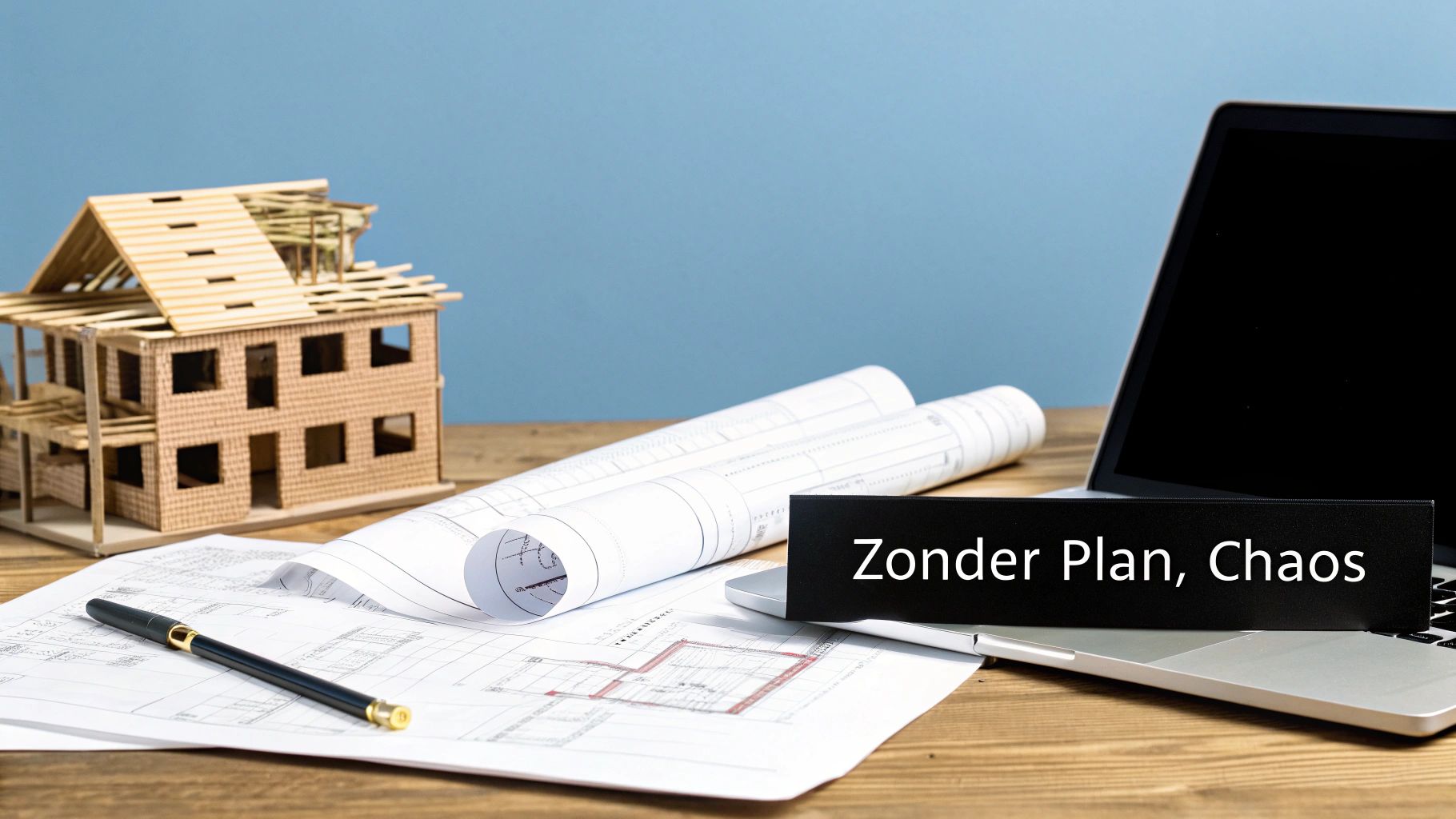 Een bureau met een bouwmodelhuis, architecturale blauwdrukken, een pen en een laptop. Een bordje zegt 'Zonder Plan, Chaos'.