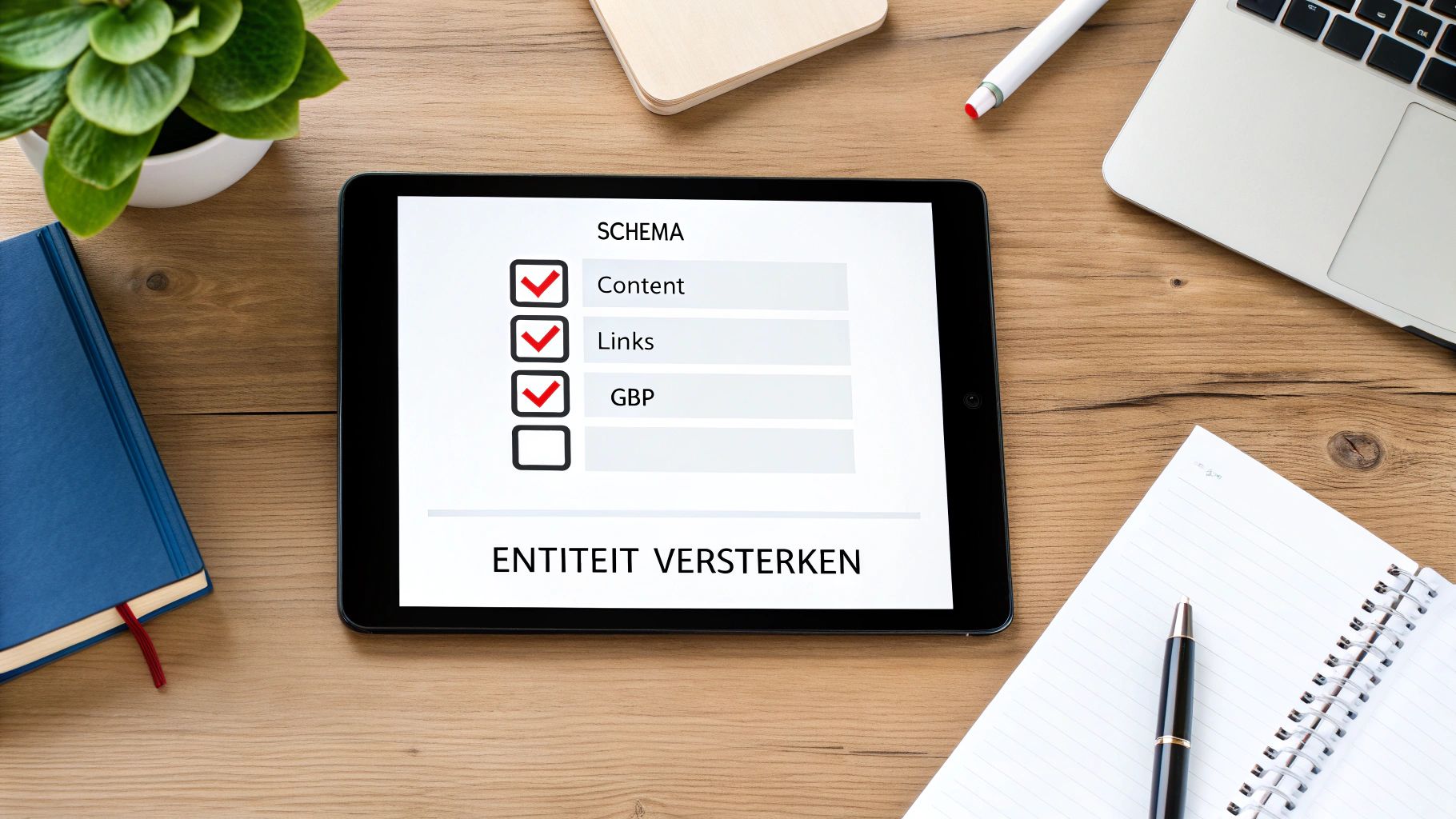 Een tablet op een houten bureau toont een checklist met ‘Content’, ‘Links’ en ‘GBP’ aangevinkt, met daaronder ‘ENTITEIT VERSTERKEN’.