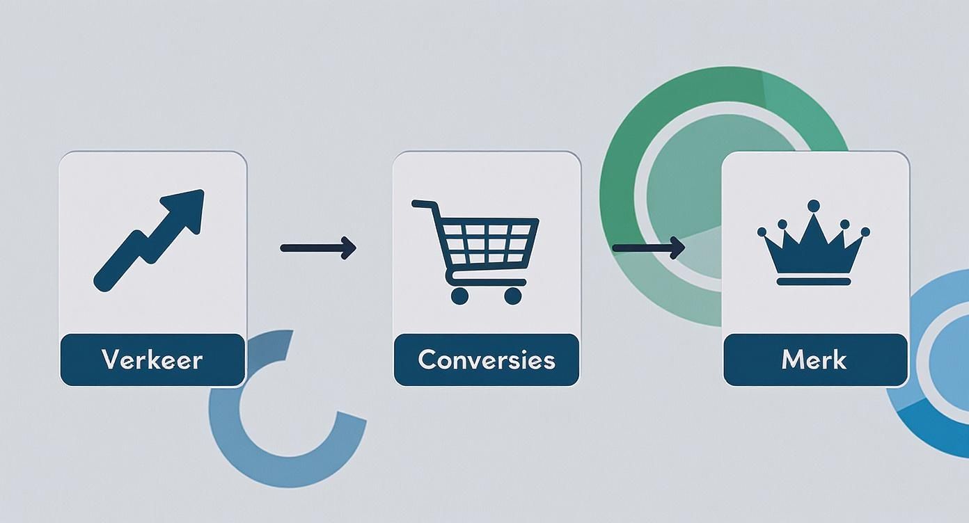 Een diagram toont verkeer, conversies en merk als een stroomproces met bijbehorende iconen en labels.