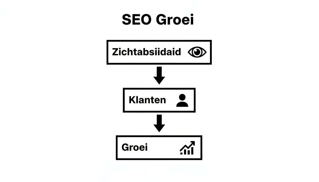 Diagram dat de stroom van SEO Groei toont: van zichtbaarheid via klanten naar uiteindelijke groei.