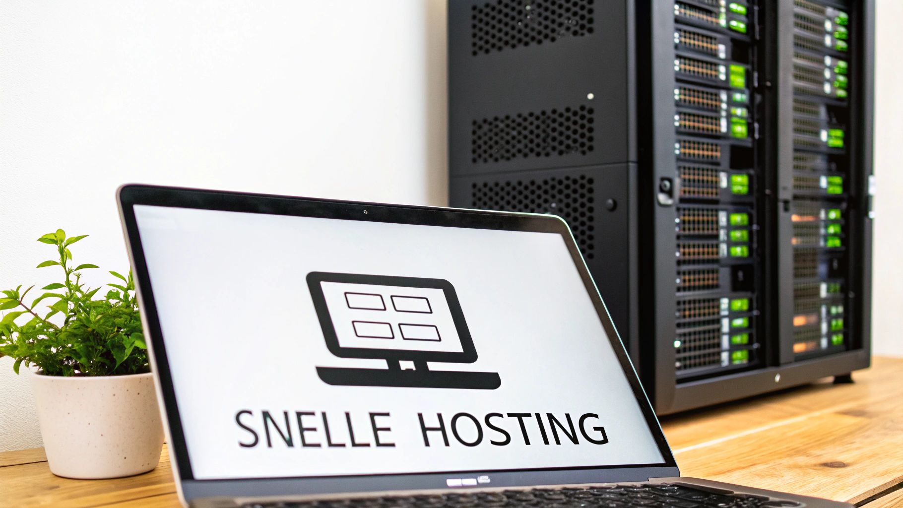 Laptop toont snelle hosting logo met serverracks op de achtergrond voor website optimalisatie