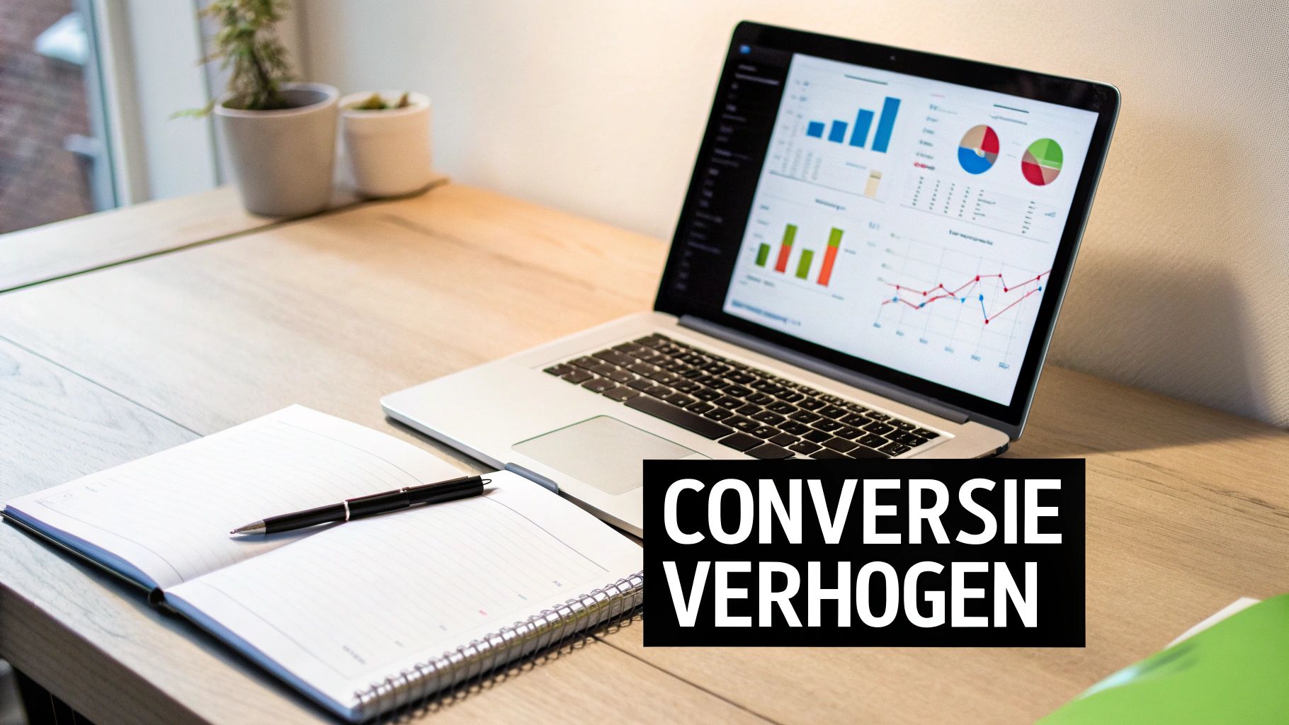 Laptop met grafieken en notitieboek op een bureau, gericht op het verhogen van conversie.