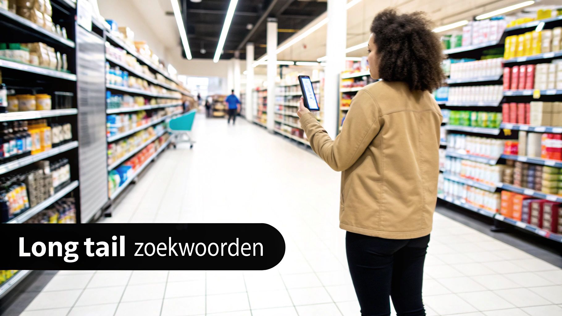 Vrouw met krullend haar scant producten in een supermarktgang met haar telefoon, met 'Long tail zoekwoorden' tekstoverlay.