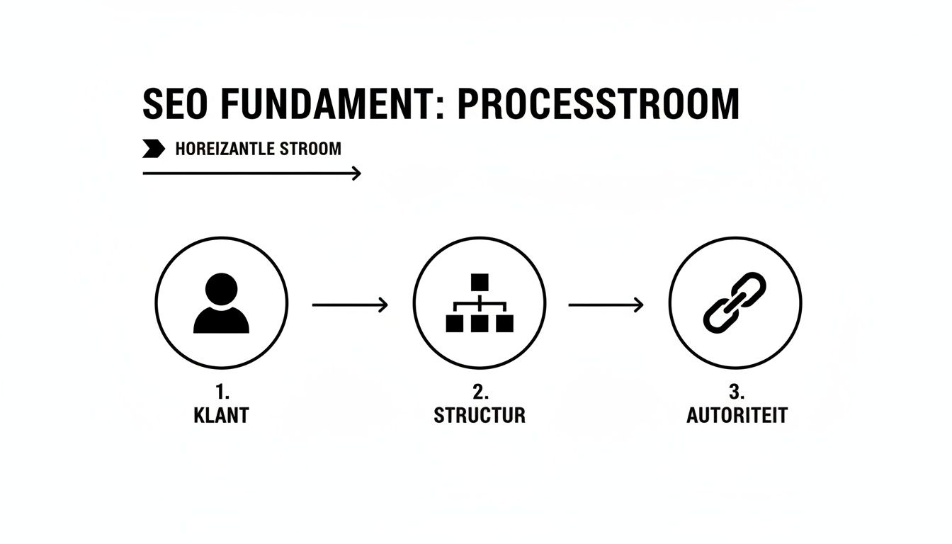 Een diagram toont het SEO-fundament met een horizontale stroom van klant, structuur en autoriteit.
