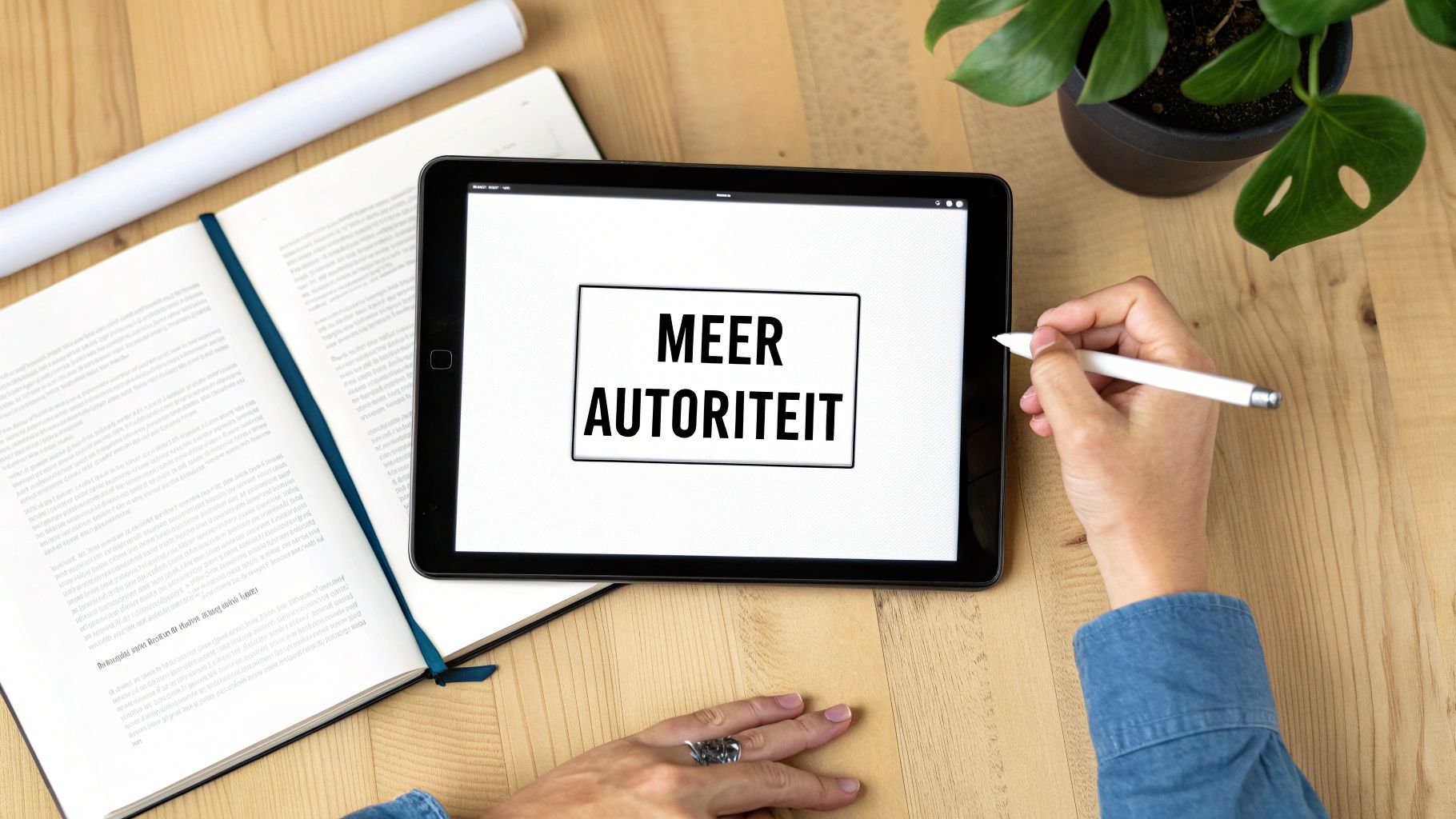 Een persoon schrijft met een stylus op een tablet waarop 'MEER AUTORITEIT' staat, op een houten bureau met kantoorbenodigdheden.