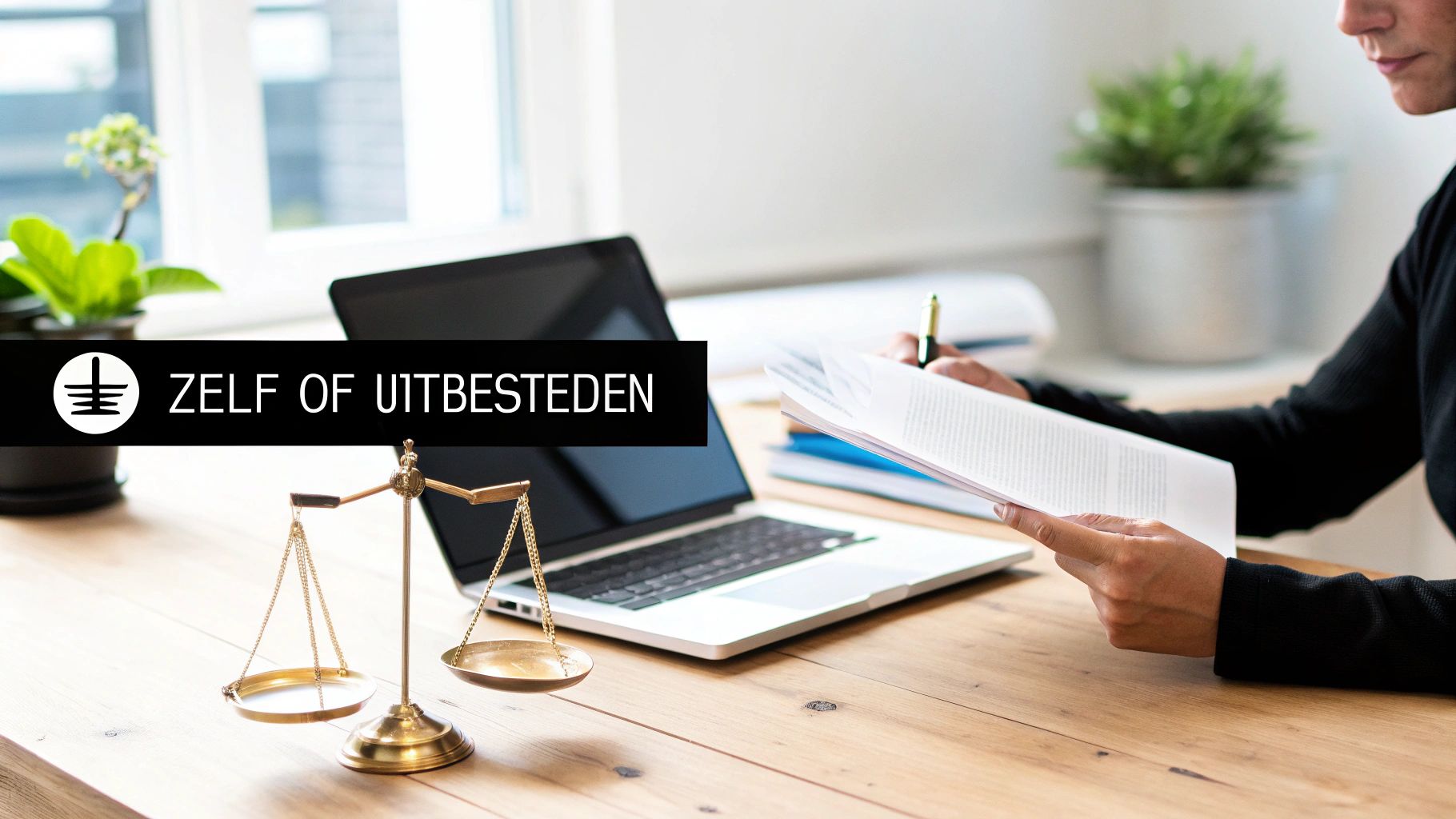 Vrouw overweegt zelf werk uit te voeren of uit te besteden, met weegschaal van Justitie op een bureau.