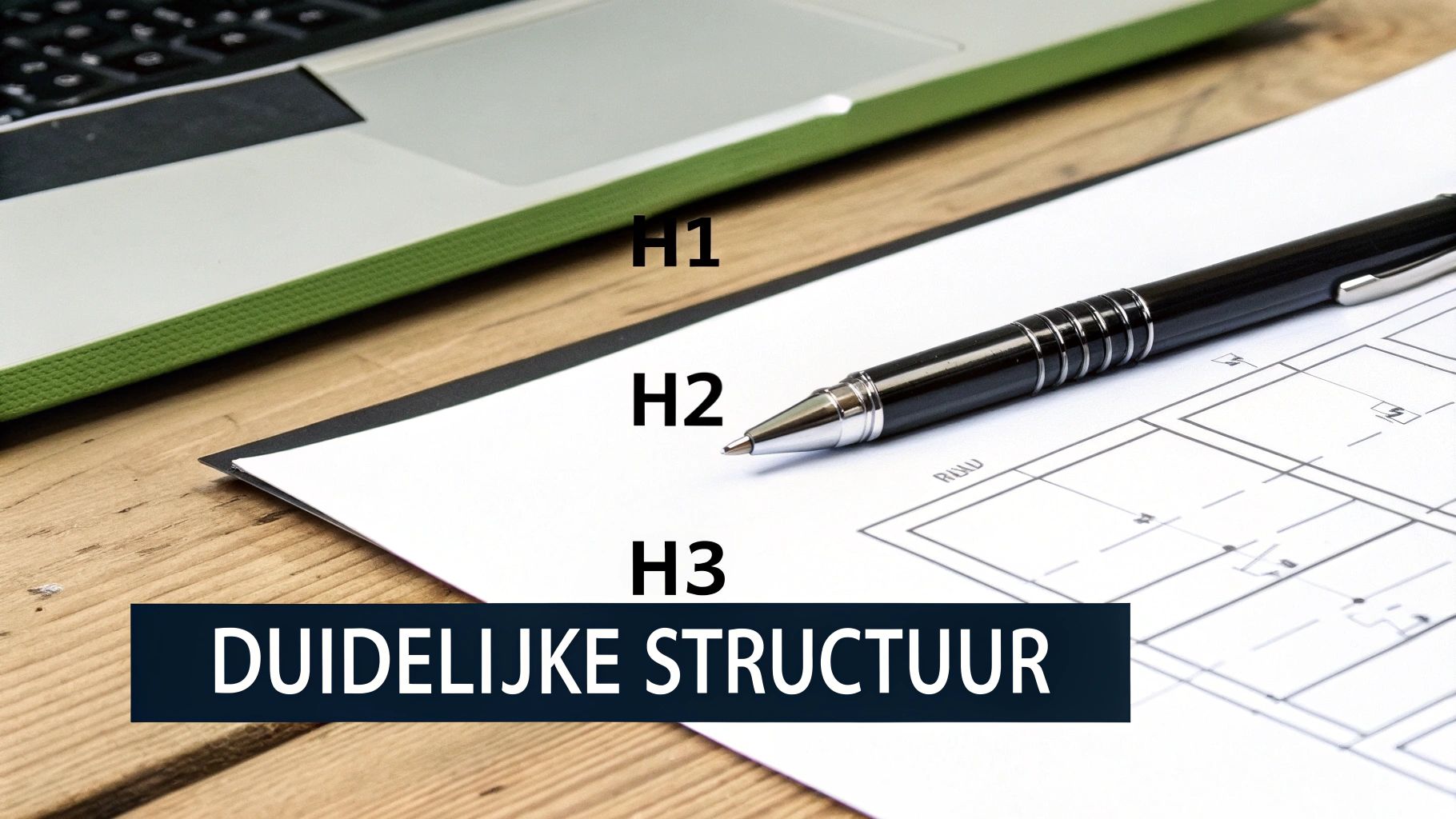 Een laptop en pen op papier met de teksten H1, H2, H3 en 'Duidelijke Structuur', symboliserend content hiërarchie.