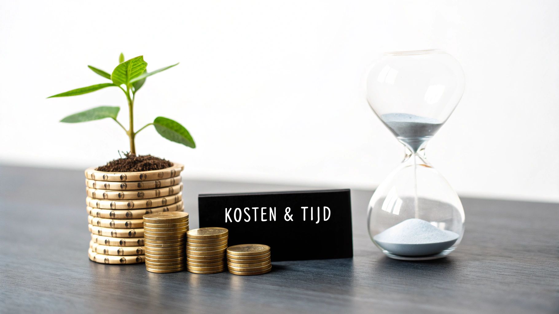 Visualisatie van kosten en tijd: groeiende plant, munten en zandloper met 'KOSTEN & TIJD' bord.