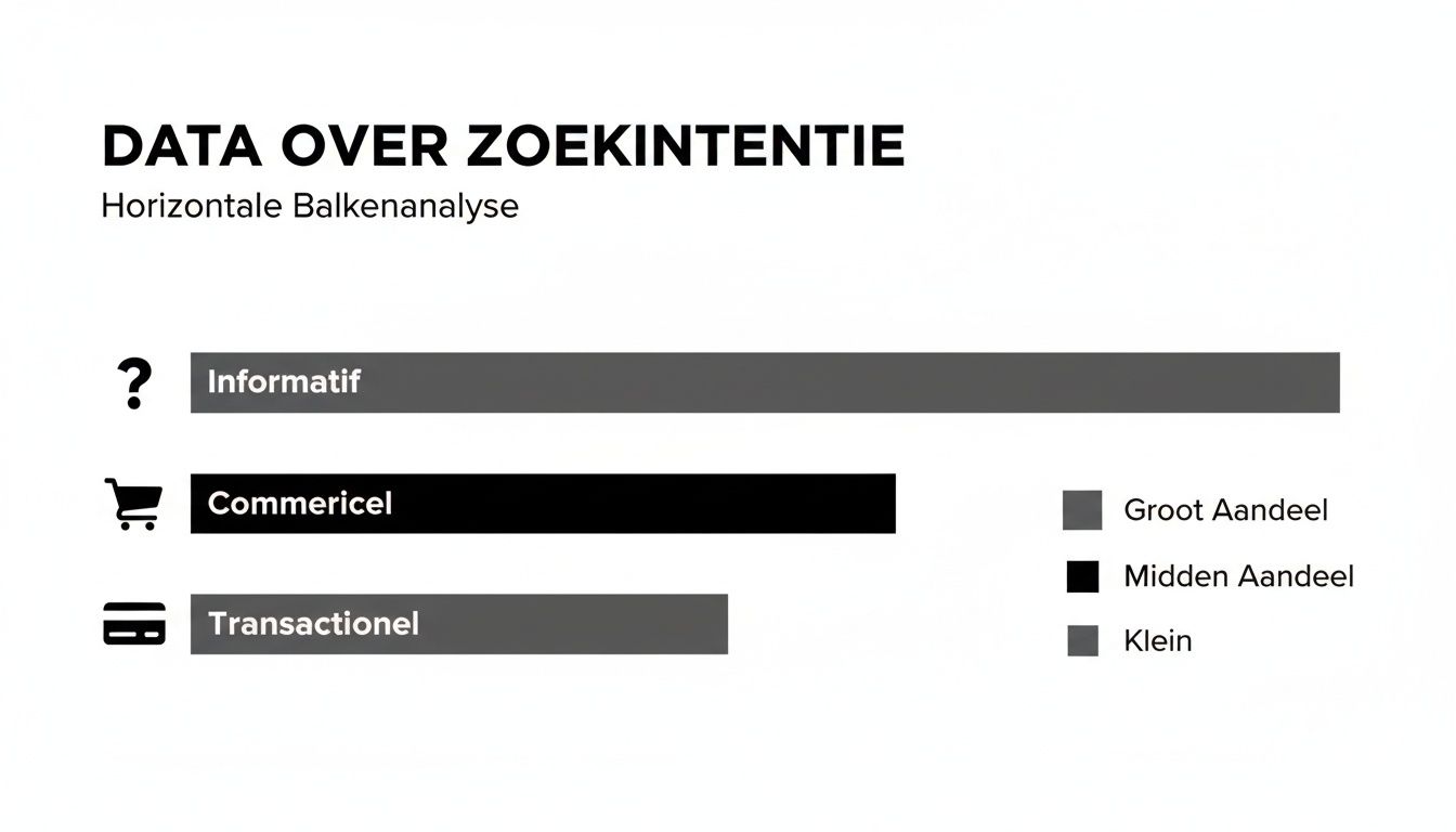 Horizontale balkenanalyse van zoekintenties: informatief (groot aandeel), commercieel (midden aandeel) en transactioneel (klein aandeel).