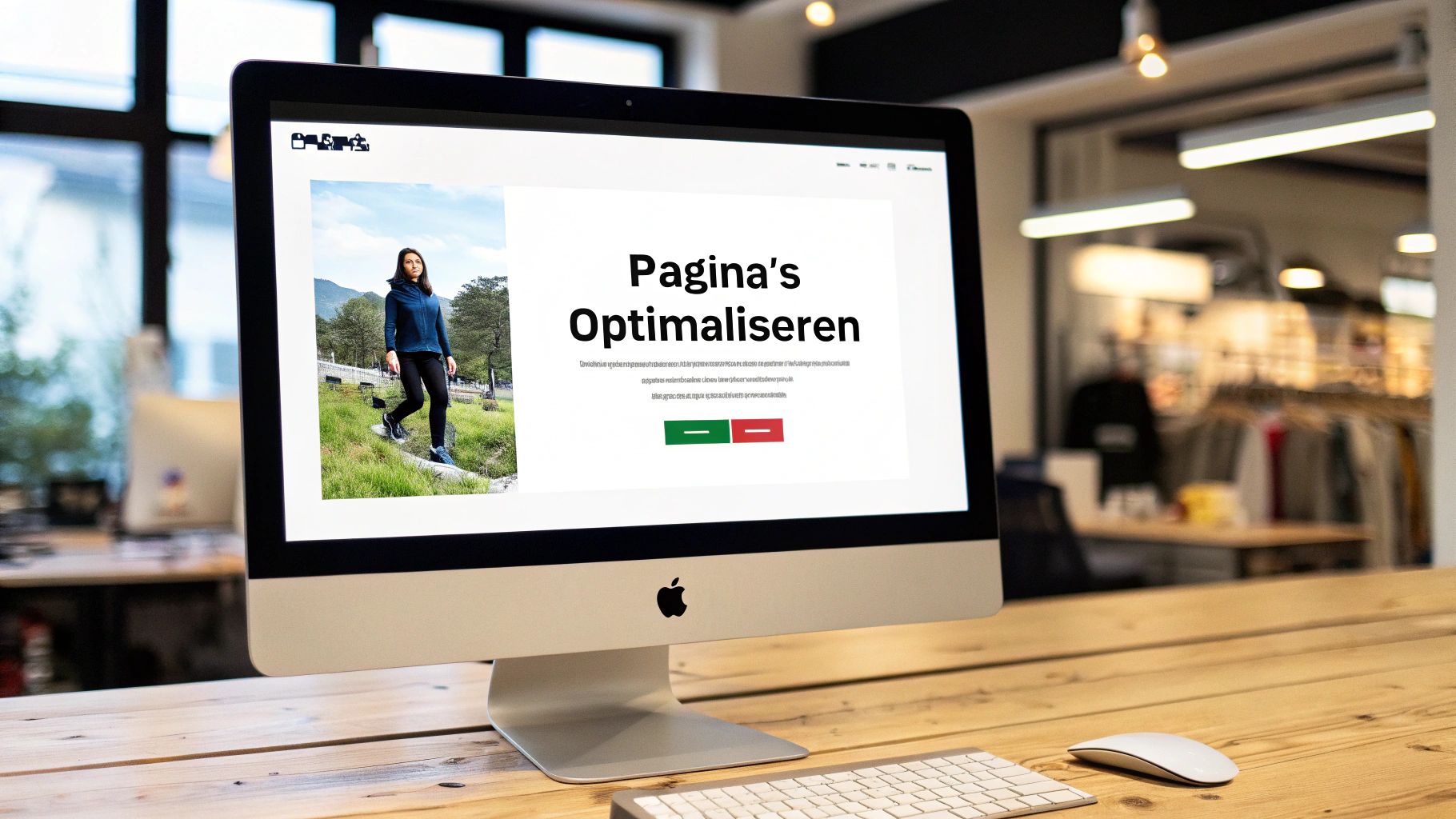 Een iMac op een houten bureau toont een webpagina over 'Pagina's Optimaliseren' met een afbeelding van een vrouw buiten.