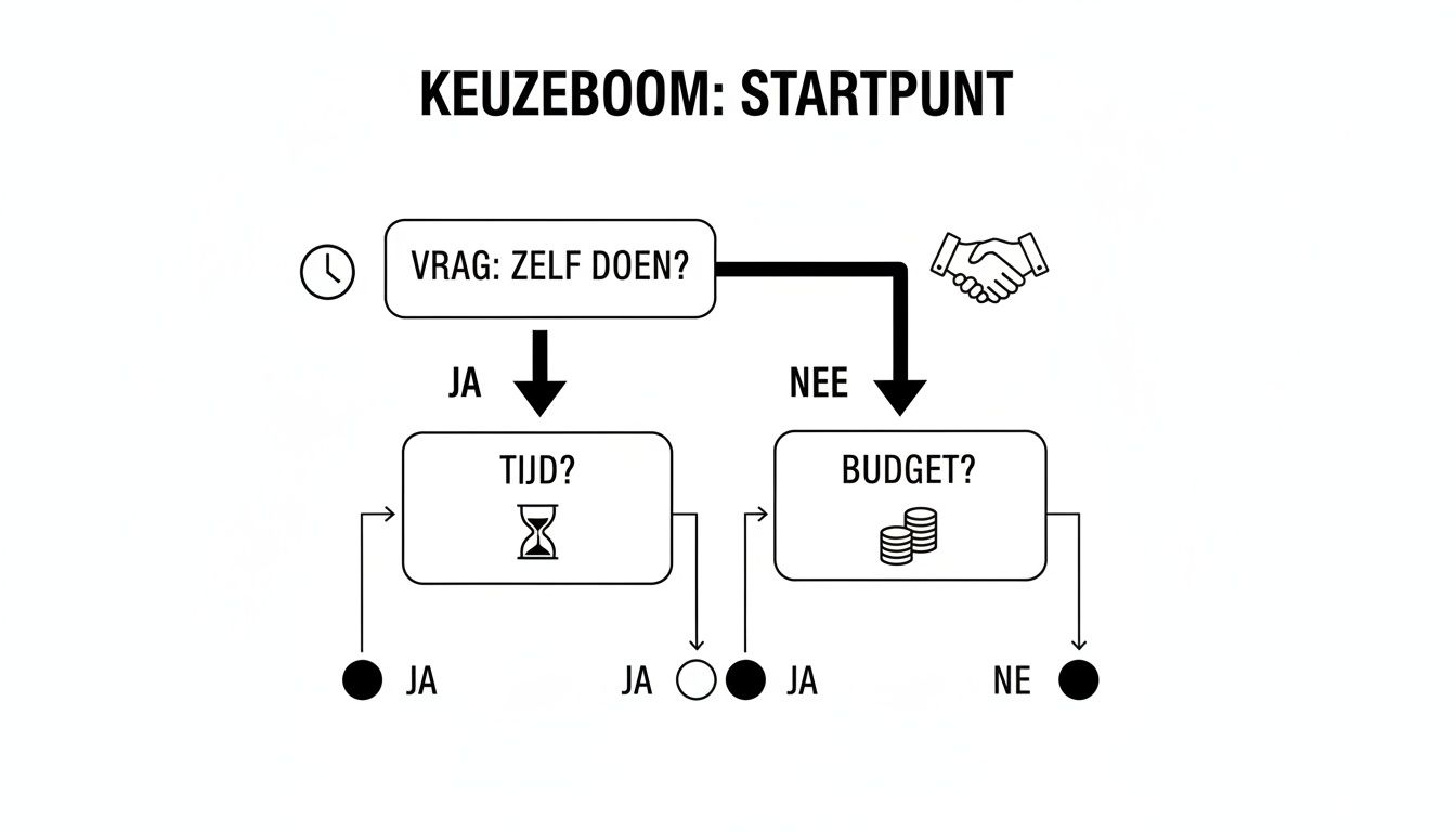 Een zwart-wit beslisboom over de vraag of je iets zelf doet, met afwegingen van tijd en budget.