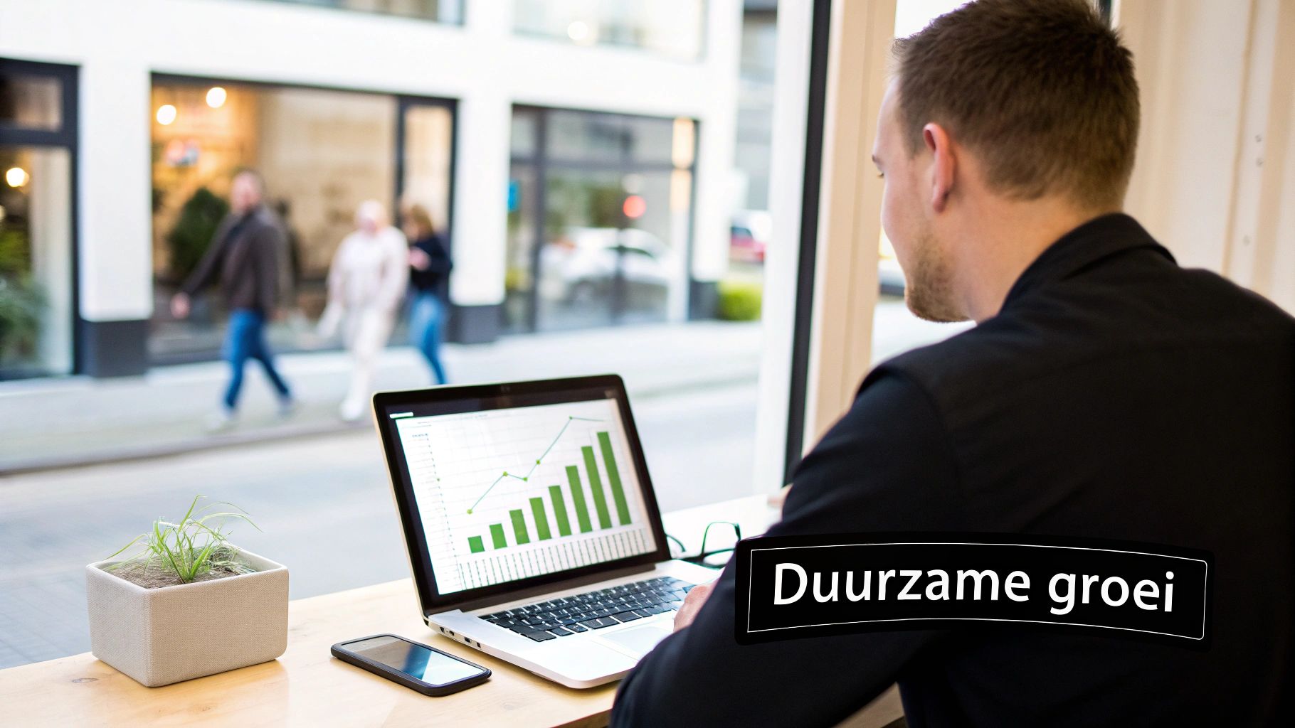 Man bekijkt een laptop met groene grafieken en de tekst 'Duurzame groei' op het scherm, werkend bij een raam.