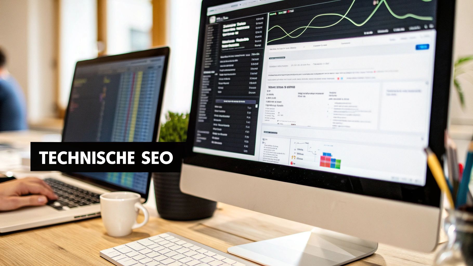 Een bureau met een laptop en monitor die SEO-gegevens weergeven, met de prominente tekst 'TECHNISCHE SEO'. Geschikt voor website-optimalisatie context.