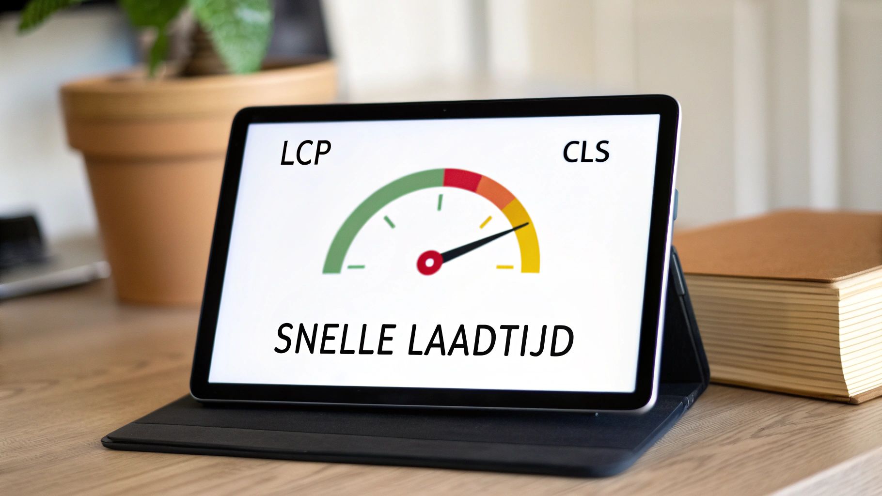 Tablet toont snelle laadtijd dashboard met LCP en CLS metrics voor website prestatie optimalisatie