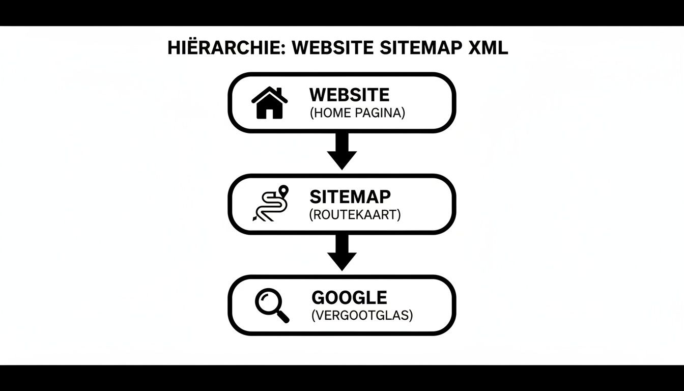 Een hiërarchische stroomdiagram toont de relatie tussen een website, zijn sitemap en Google voor zoekmachineoptimalisatie.