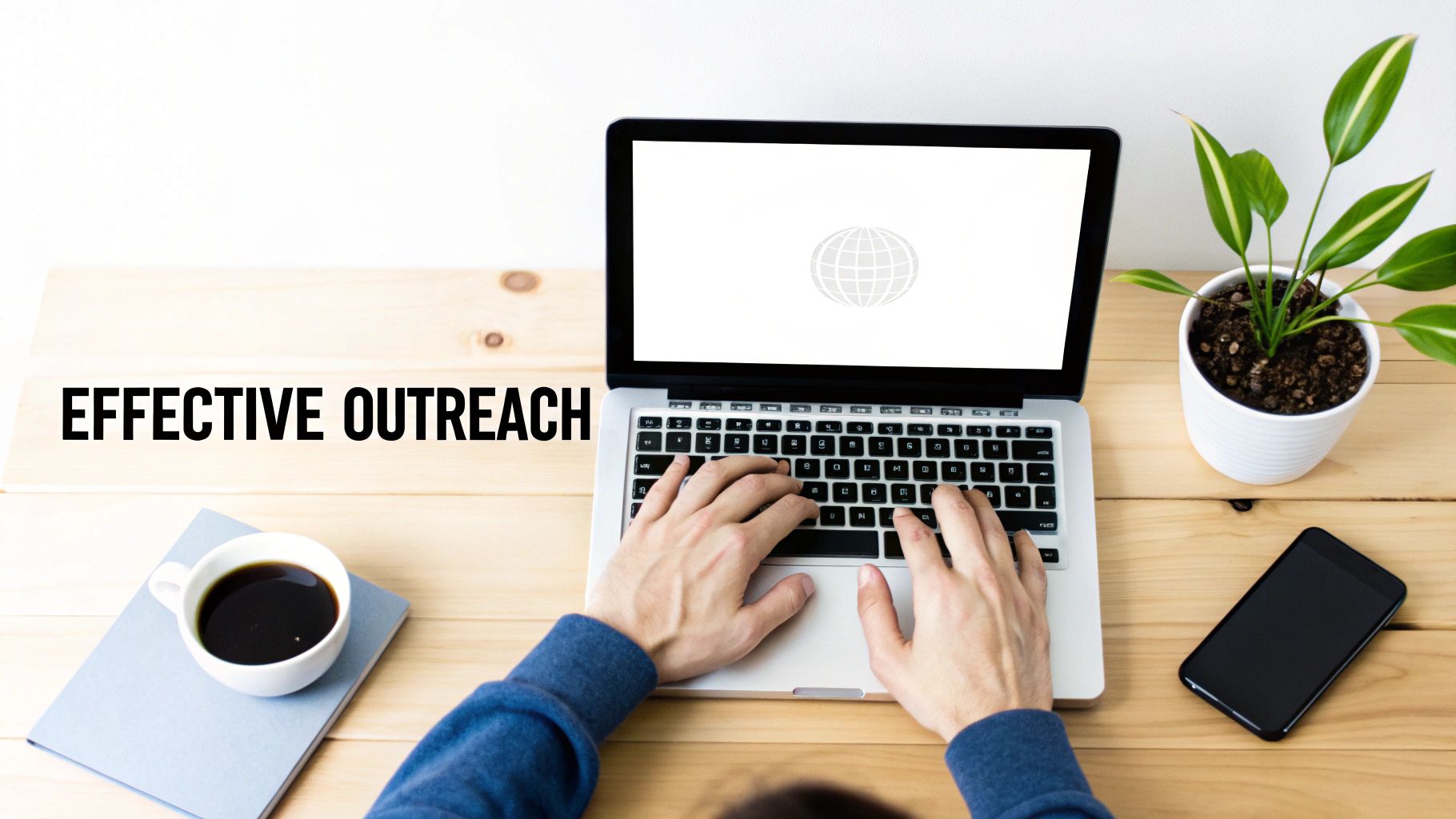 Een persoon typt op een laptop op een houten bureau met de tekst 'EFFECTIVE OUTREACH'. Er liggen ook een koffiekopje, notitieboekje, plant en smartphone.