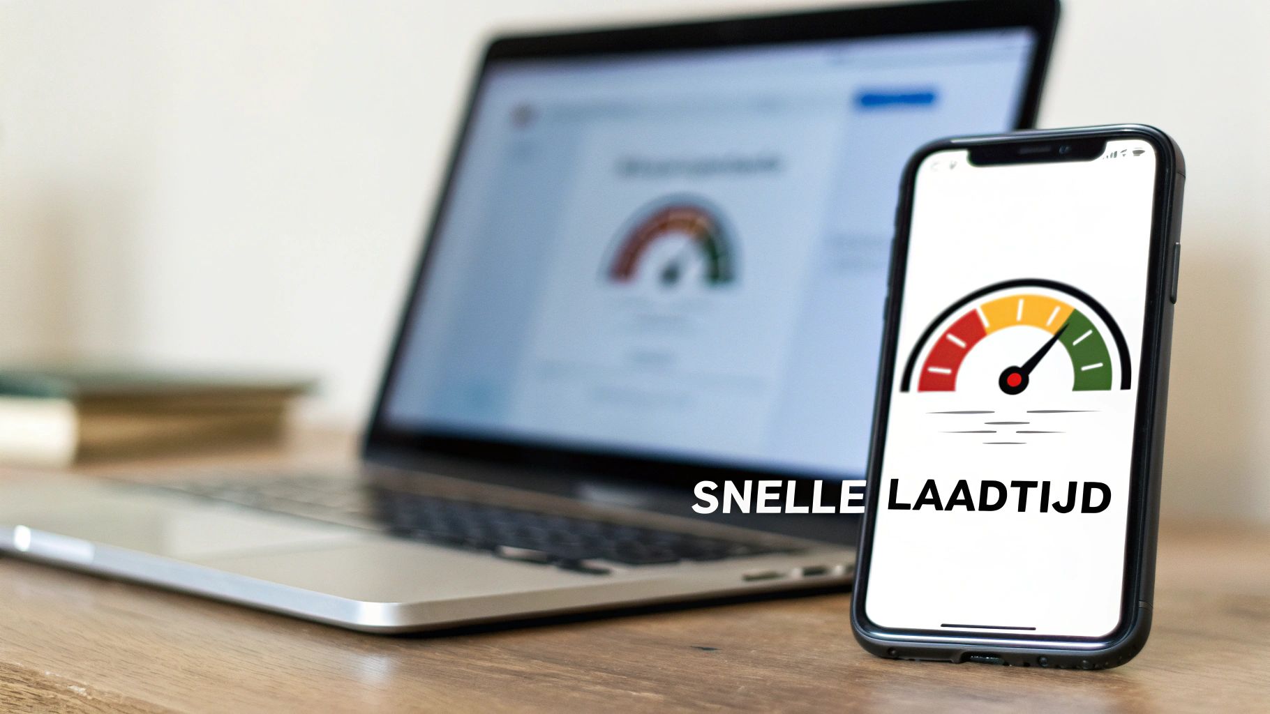 Smartphone en laptop tonen snelheidsmeters voor website laadtijd en webshop prestaties optimalisatie