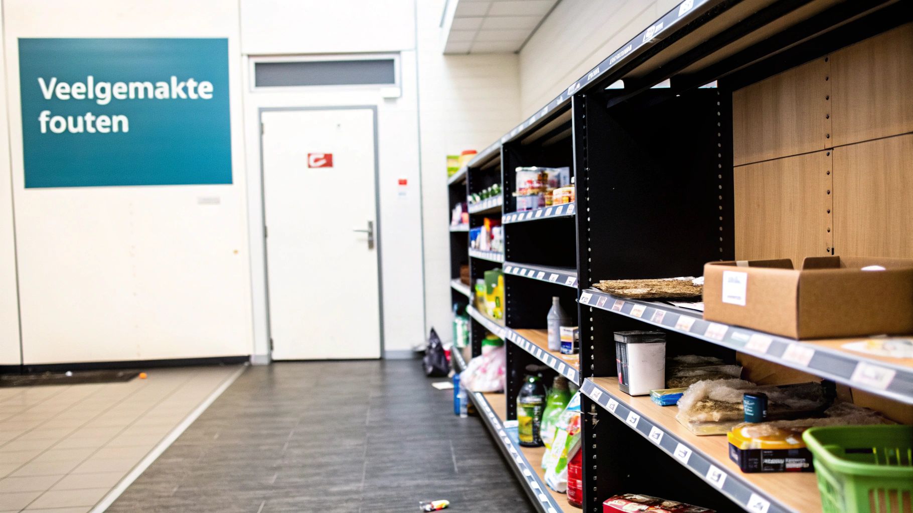 Lege winkelrekken met enkele producten en een blauw bord 'Veelgemaakte fouten' op een witte muur.