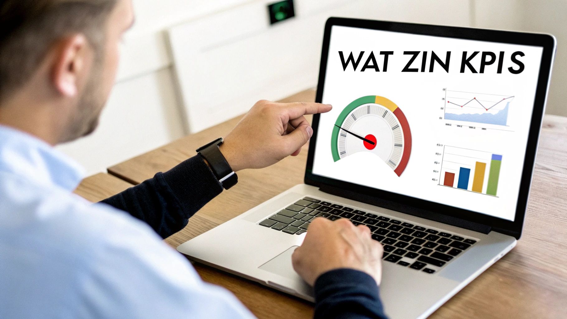 Man wijst naar laptop met KPI-dashboards, grafieken en de tekst 'WAT ZIN KPIS'.