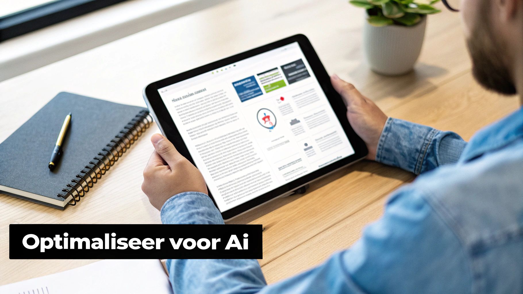 Een persoon kijkt naar een tablet op een houten bureau met een notitieboek en pen, geoptimaliseerd voor AI.