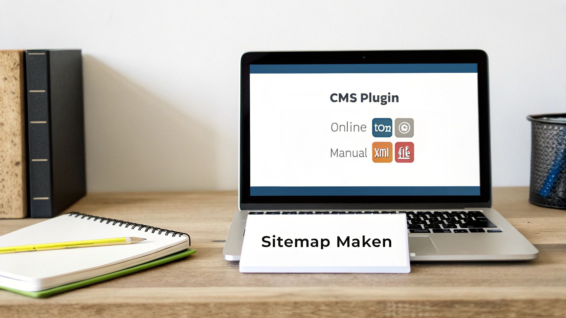 Een laptop op een houten bureau toont een CMS-plug-in voor het maken van sitemaps, met een kaartje 'Sitemap Maken'.