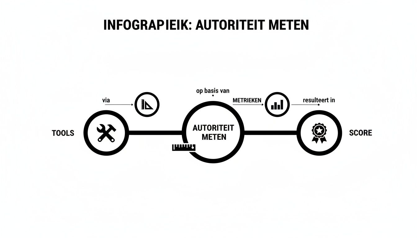 Infographic die het proces toont van het meten van autoriteit, van tools en metrieken tot een score.
