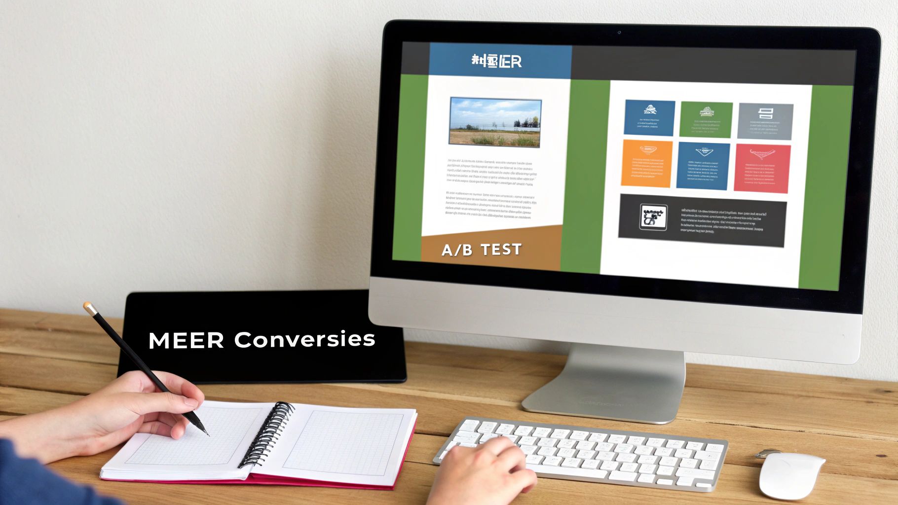 Een persoon werkt aan een bureau, toont A/B-testresultaten op een computerscherm en 'MEER Conversies' op een tablet.