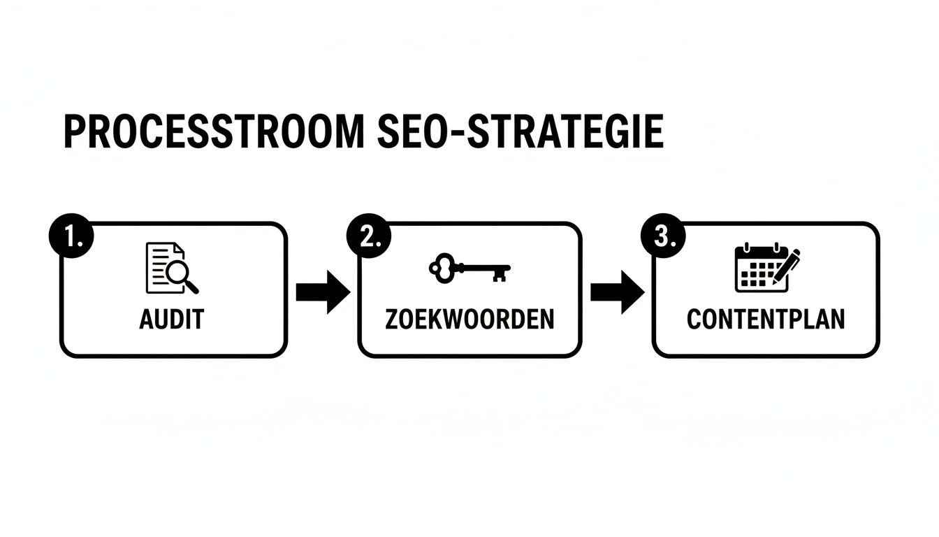Een diagram met de processtroom van een SEO-strategie, inclusief de stappen audit, zoekwoorden en contentplan.