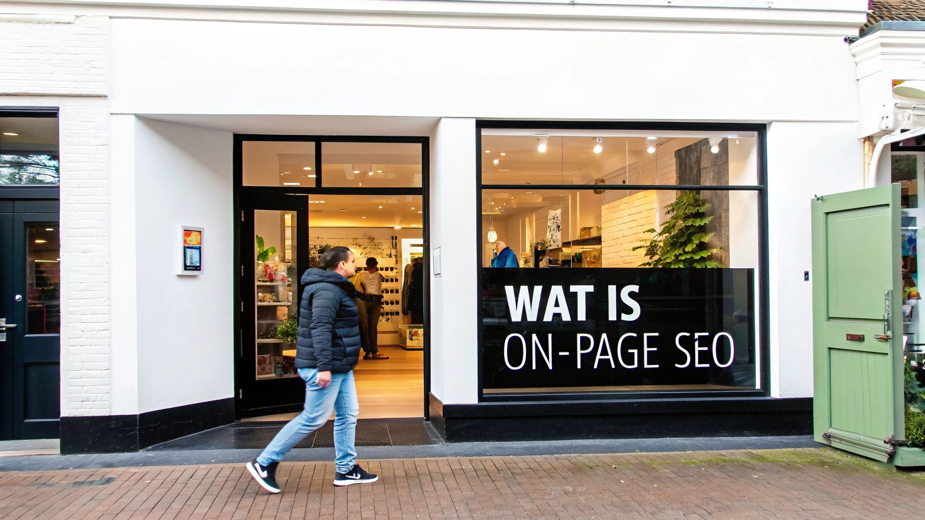 Een persoon loopt langs een modern winkelpand met een grote etalage met de tekst 'WAT IS ON-PAGE SEO'.