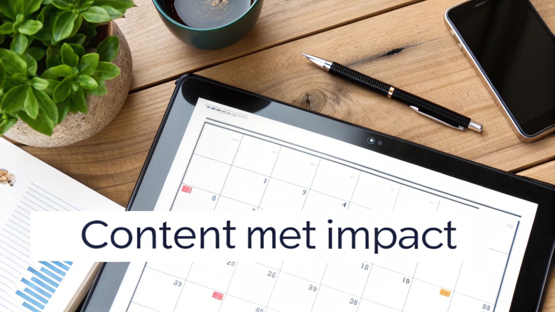 Vogelperspectief van een werkplek met tablet, pen, smartphone, plant en koffie. De tekst 'Content met impact' is prominent.