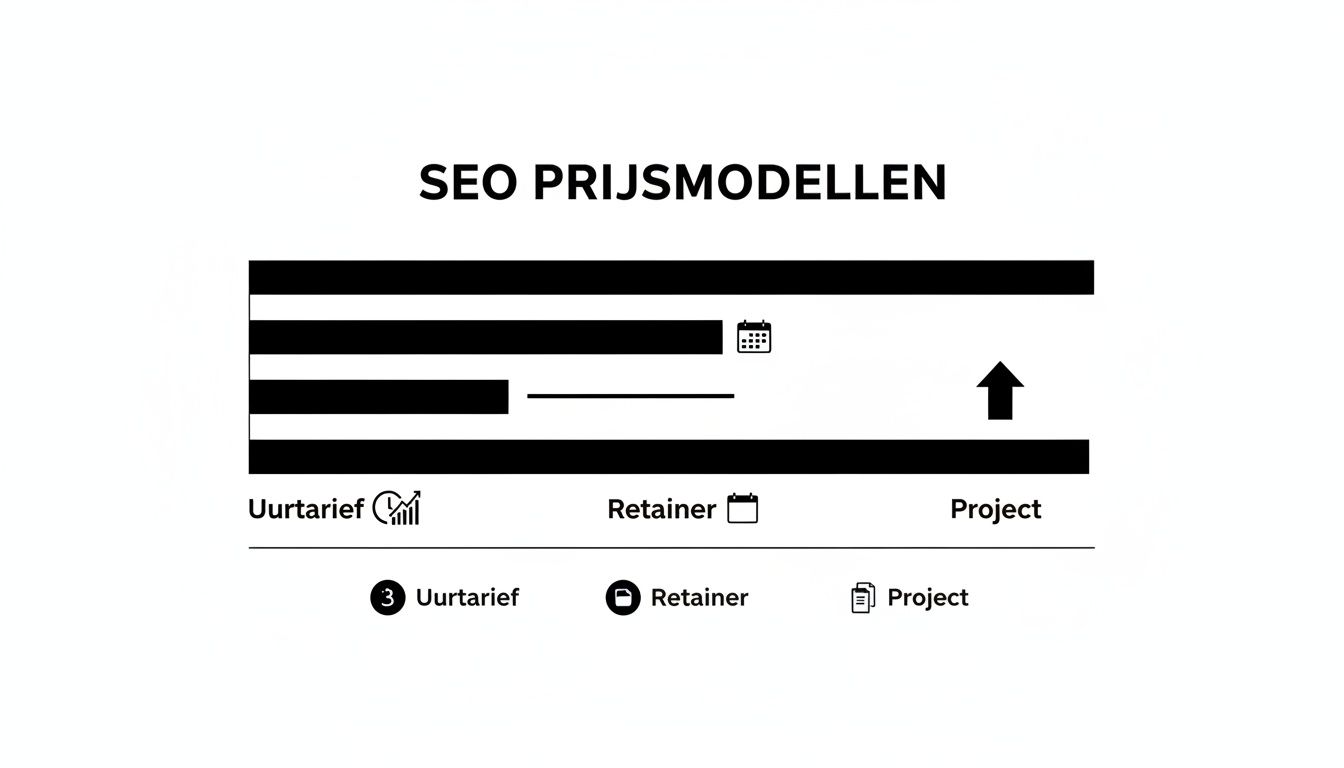 Overzicht van SEO prijsmodellen: uurtarief, retainer en project, visueel weergegeven.