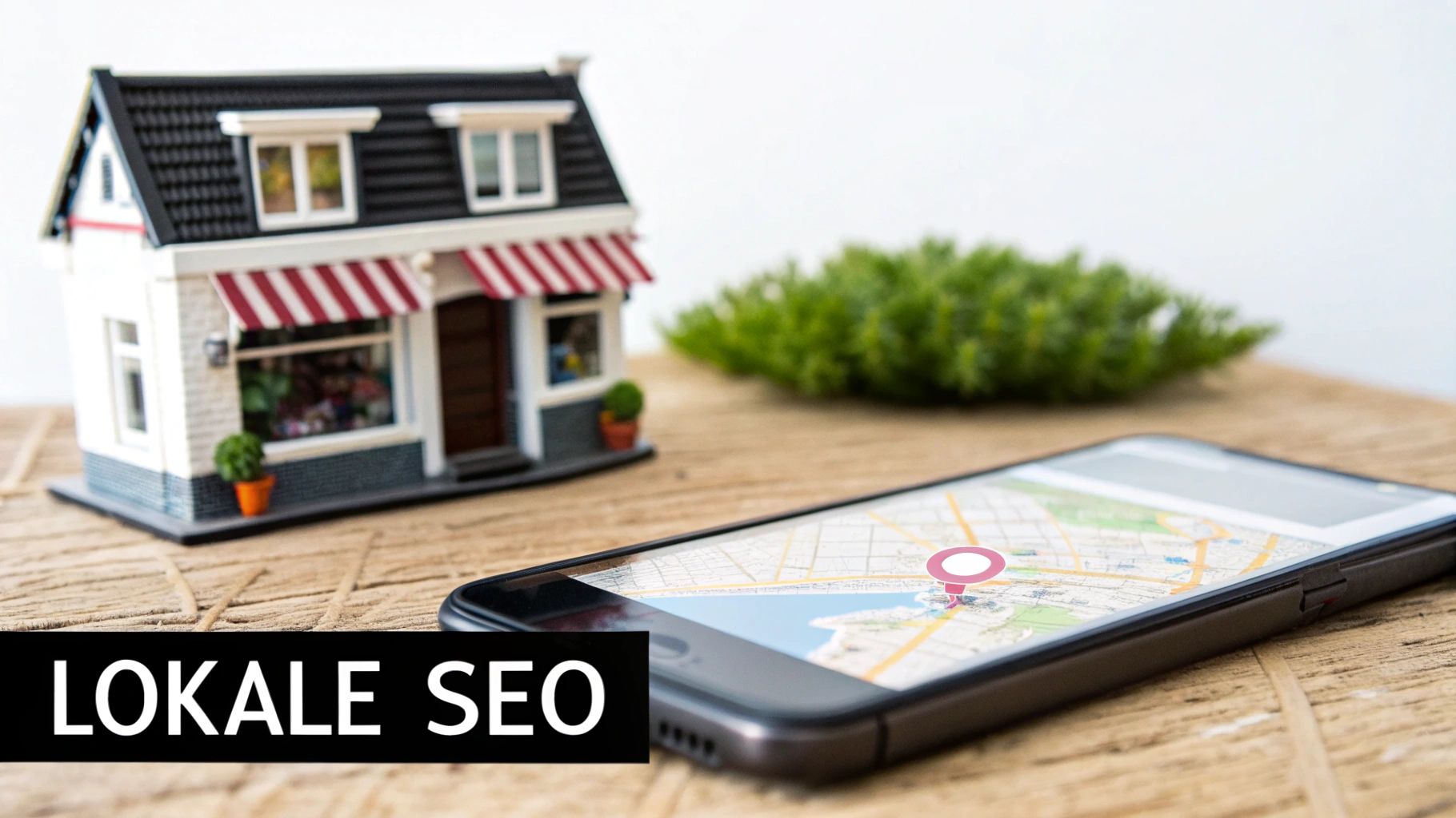 Een miniatuurwinkelmodel met rode luifel en een smartphone met kaart en locatiepin, met de tekst 'LOKALE SEO'.
