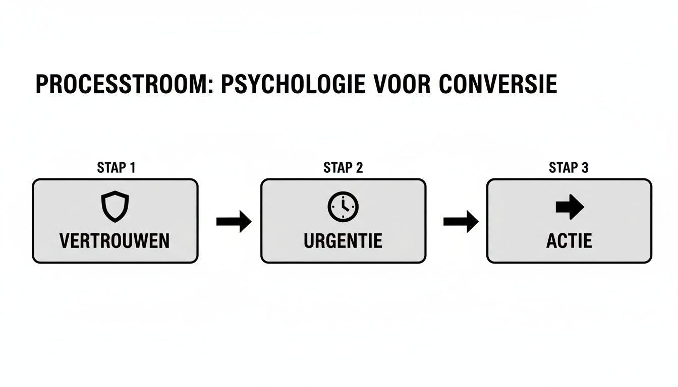 Een schema toont de processtroom voor conversiepsychologie, met de stappen Vertrouwen, Urgentie en Actie.