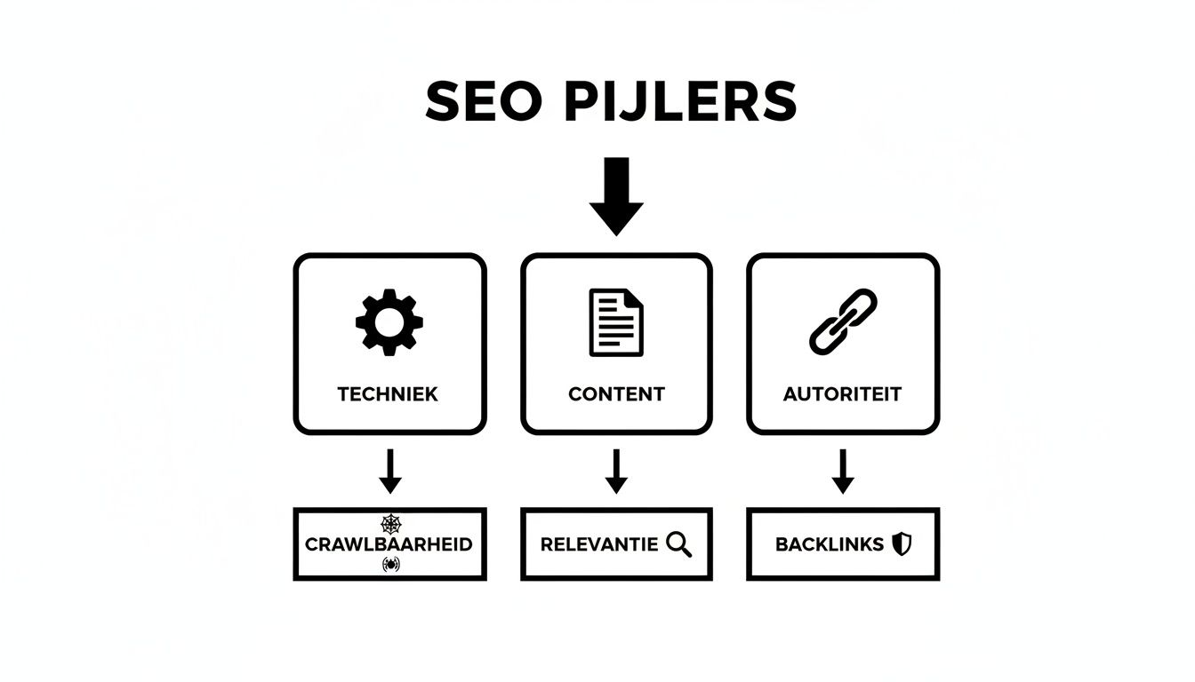 Schema van de drie SEO pijlers: techniek, content en autoriteit, met hun onderliggende elementen.