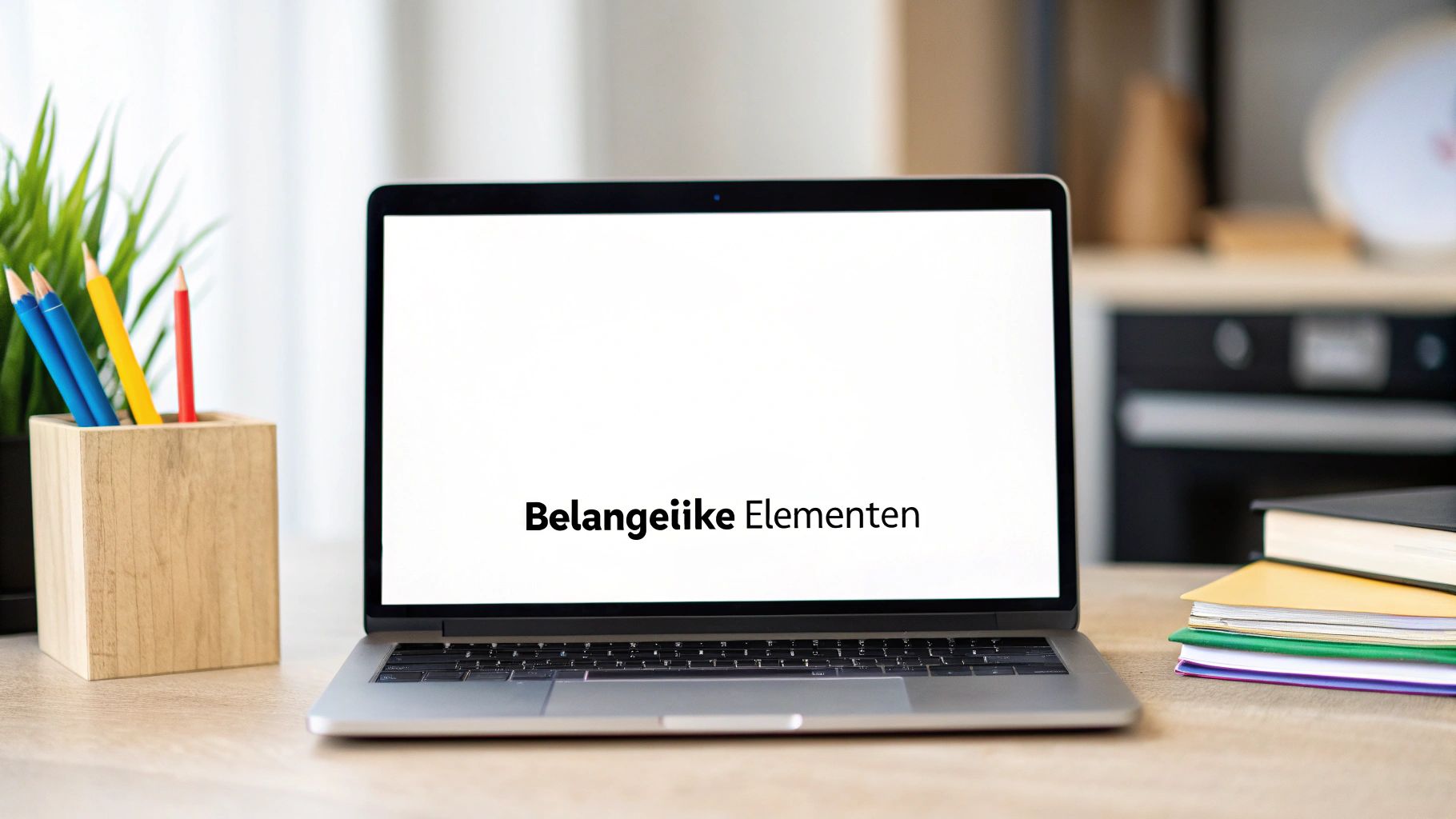 Laptop op bureau met tekst 'Belangrijke Elementen' op scherm, potloden en notitieboeken zichtbaar