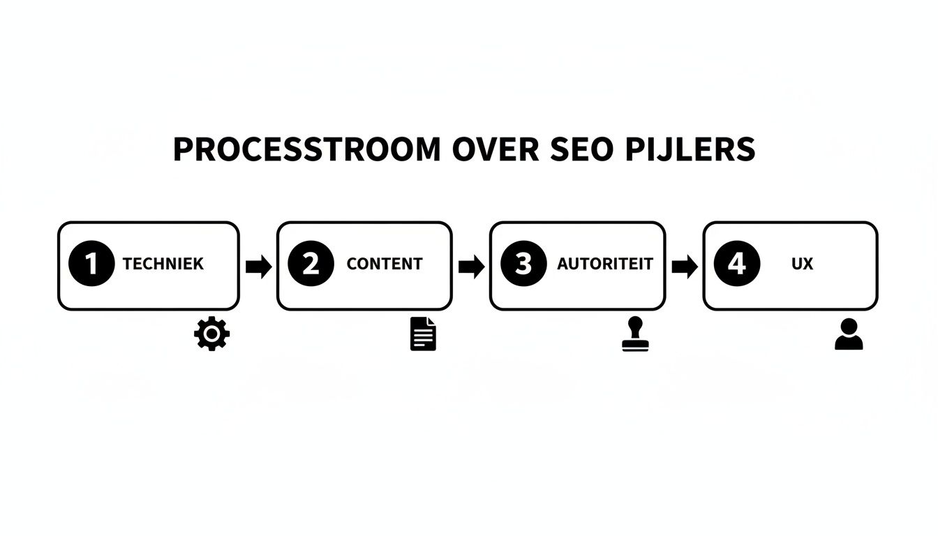 Een processtroomdiagram illustreert de vier essentiële SEO pijlers: techniek, content, autoriteit en UX.
