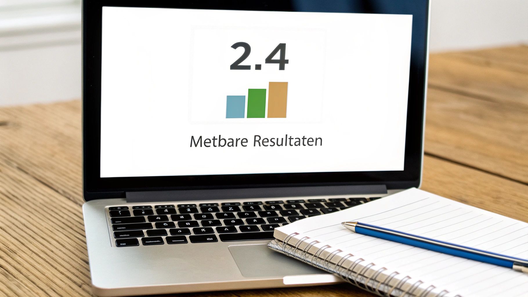 Laptop op een houten bureau toont een scherm met '2.4', een staafdiagram en 'Metbare Resultaten', met een notitieboekje en pen ernaast.
